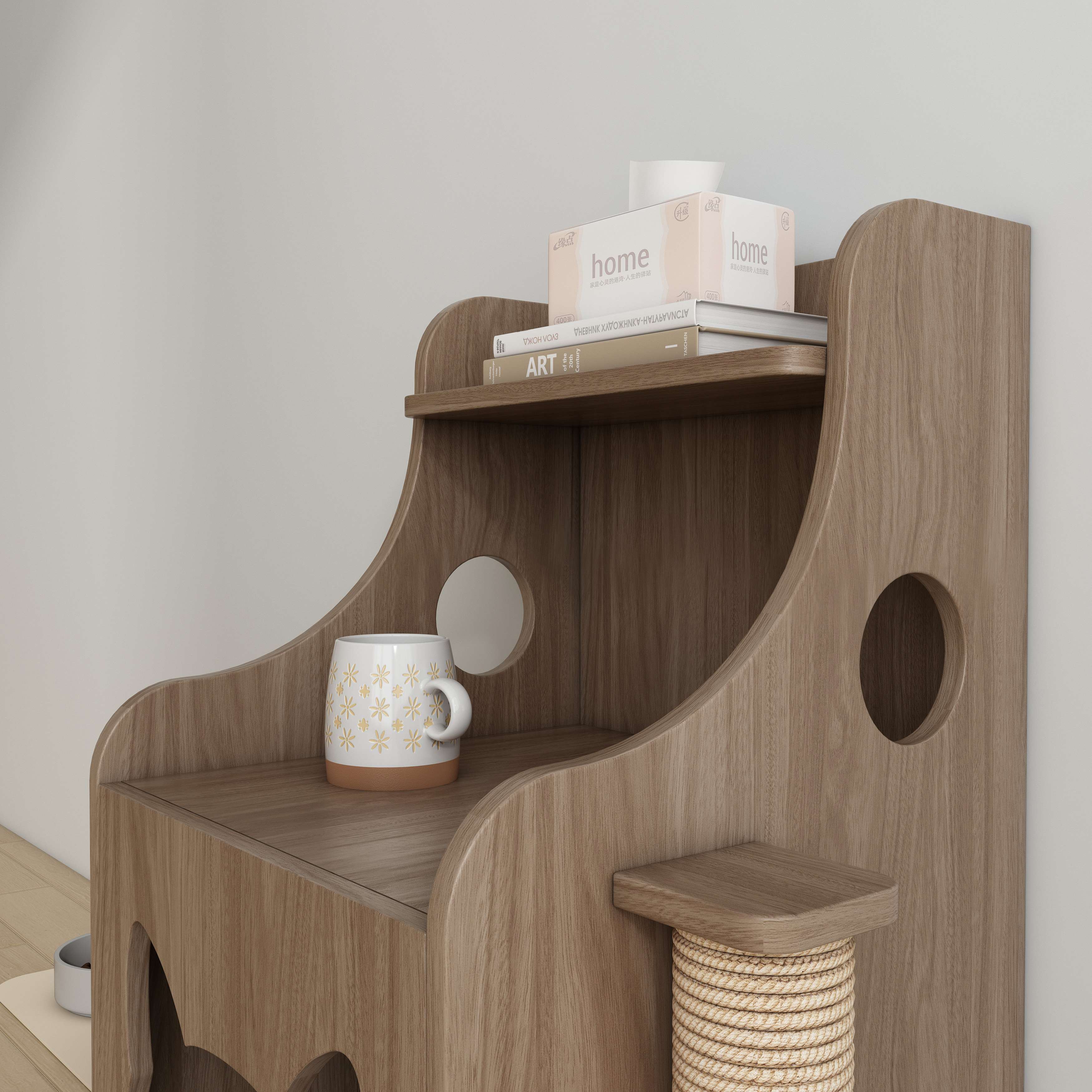 Wooden Cat House Side Table with Sisal Scratching Posts & Storage Shelf