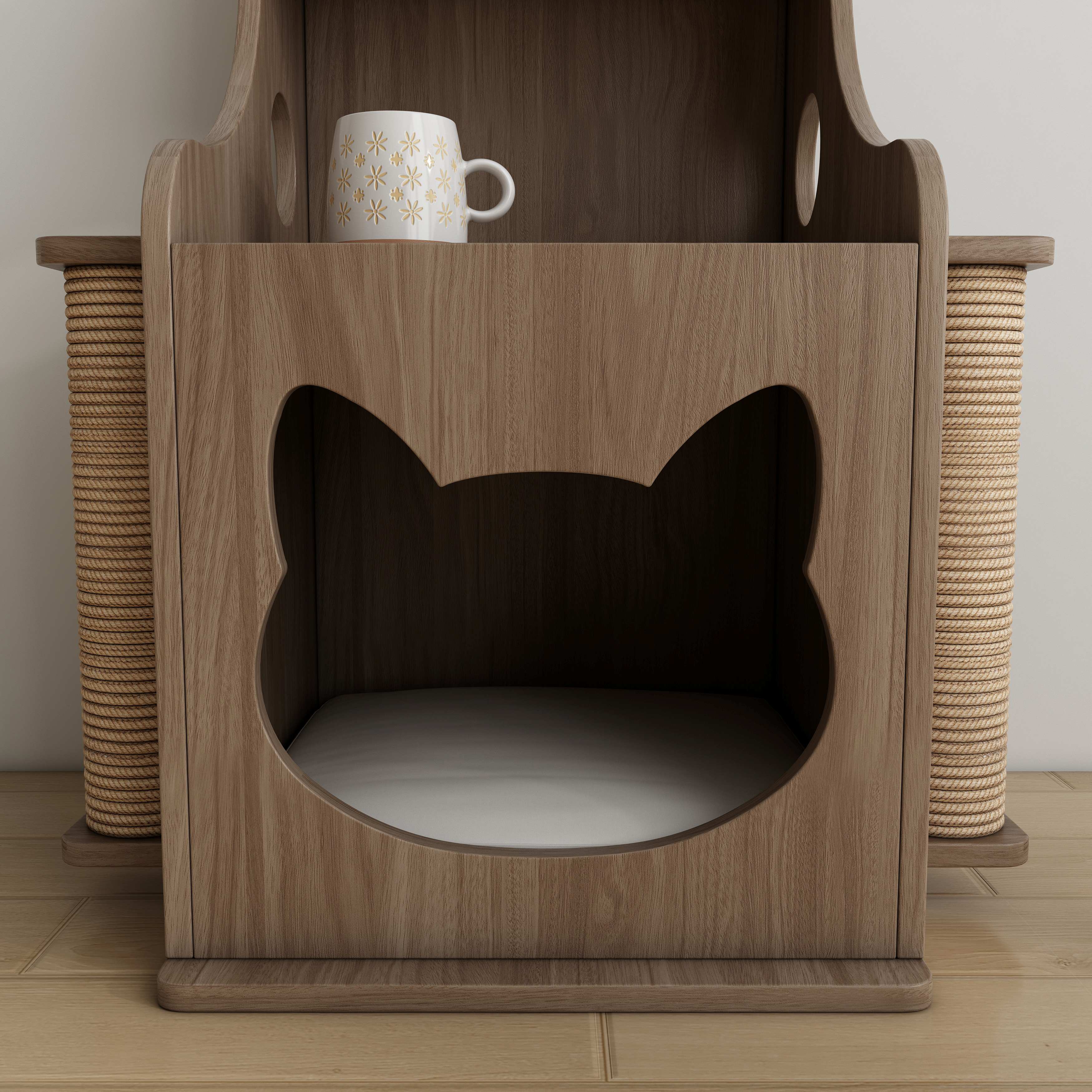 Wooden Cat House Side Table with Sisal Scratching Posts & Storage Shelf