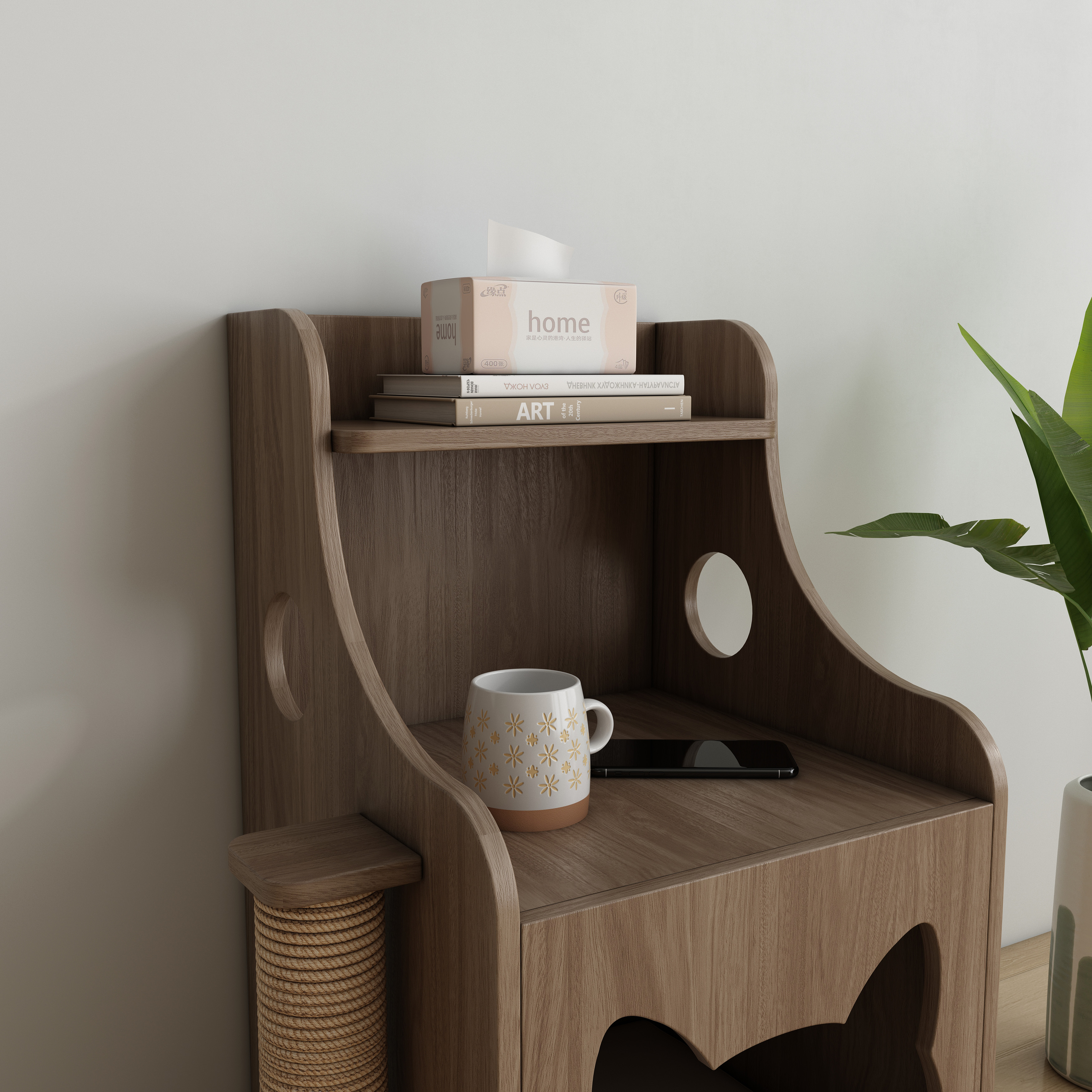 Wooden Cat House Side Table with Sisal Scratching Posts & Storage Shelf
