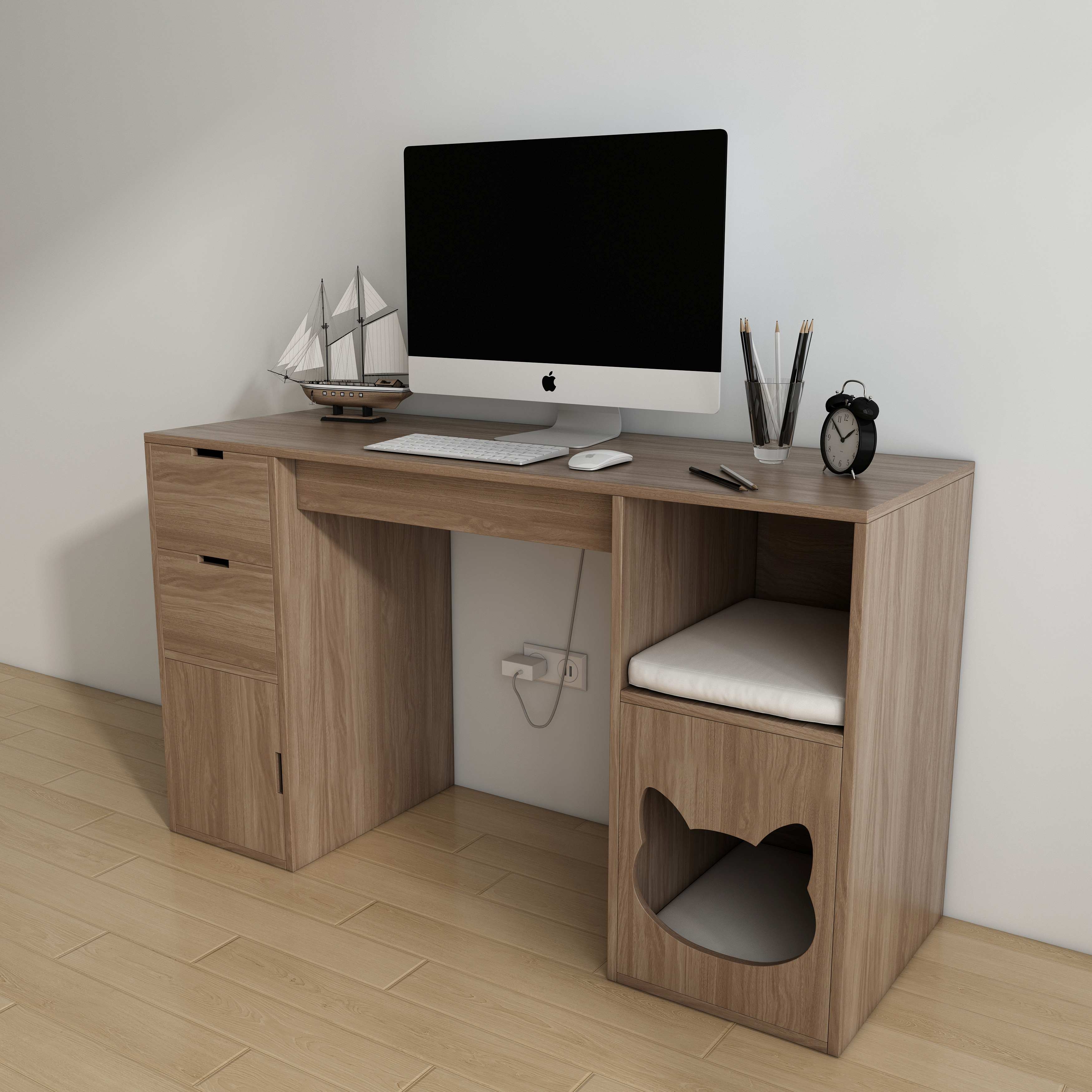 Wooden Desk with Built-In Cat House, Drawers & Open Shelf for Work & Pets