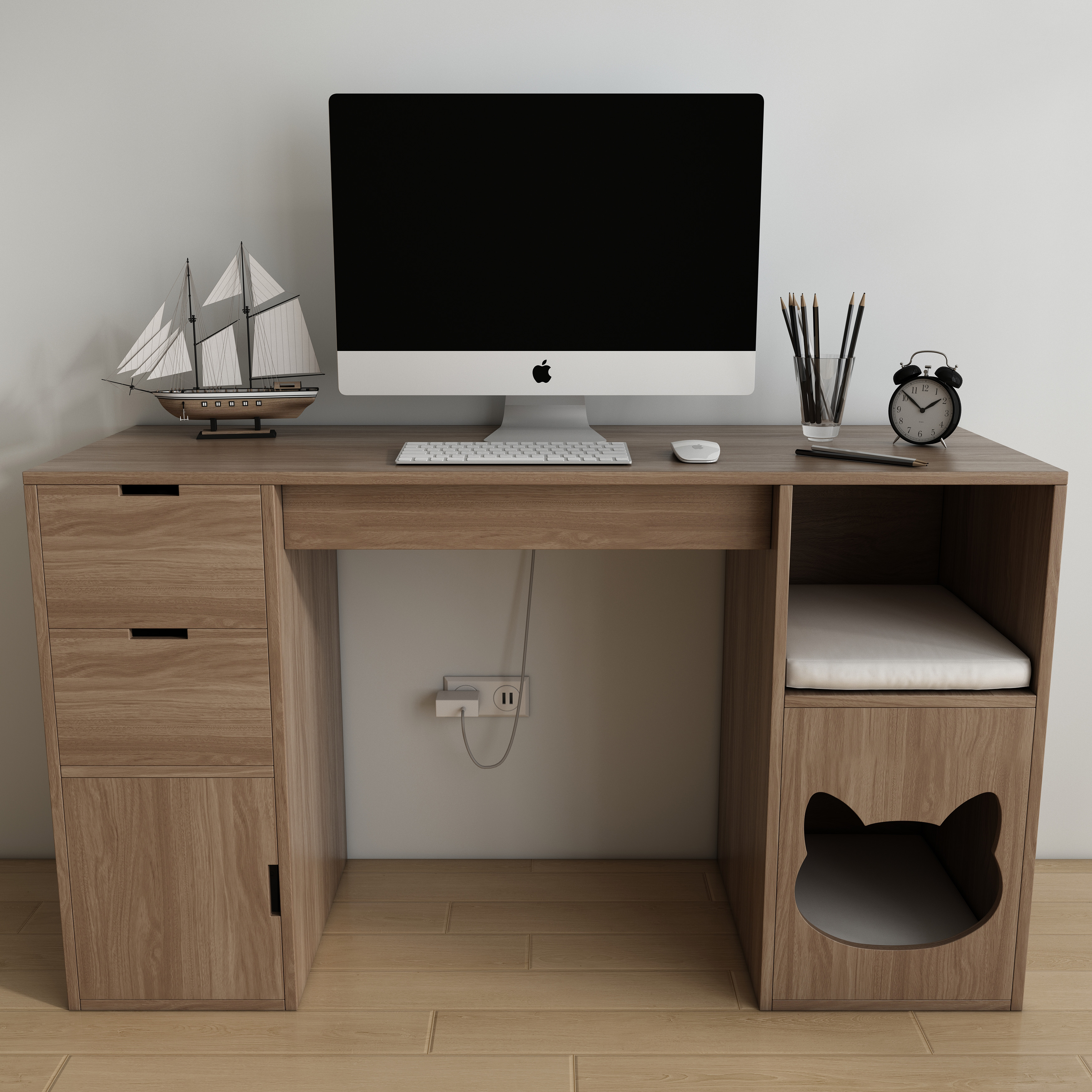 Wooden Desk with Built-In Cat House, Drawers & Open Shelf for Work & Pets