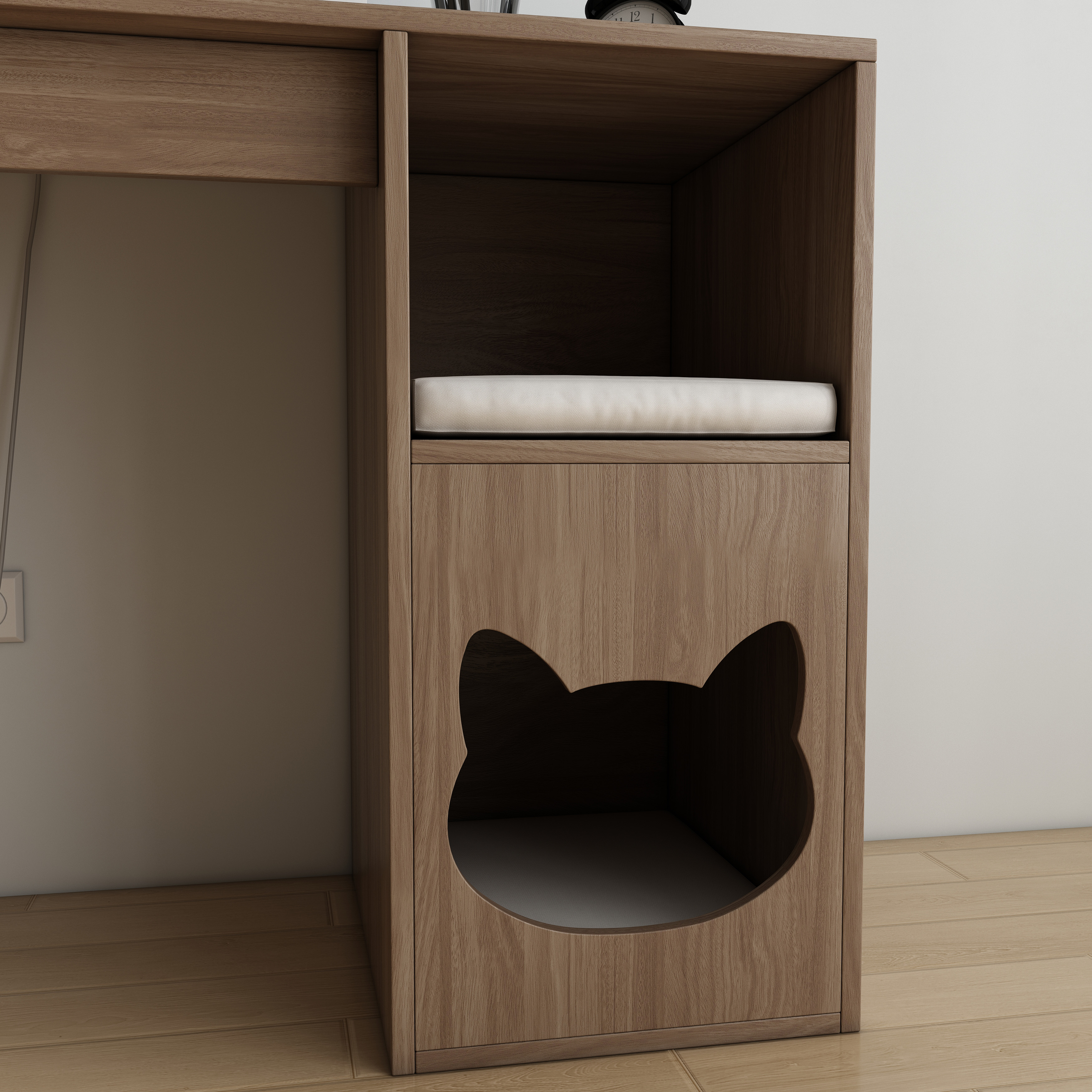 Wooden Desk with Built-In Cat House, Drawers & Open Shelf for Work & Pets