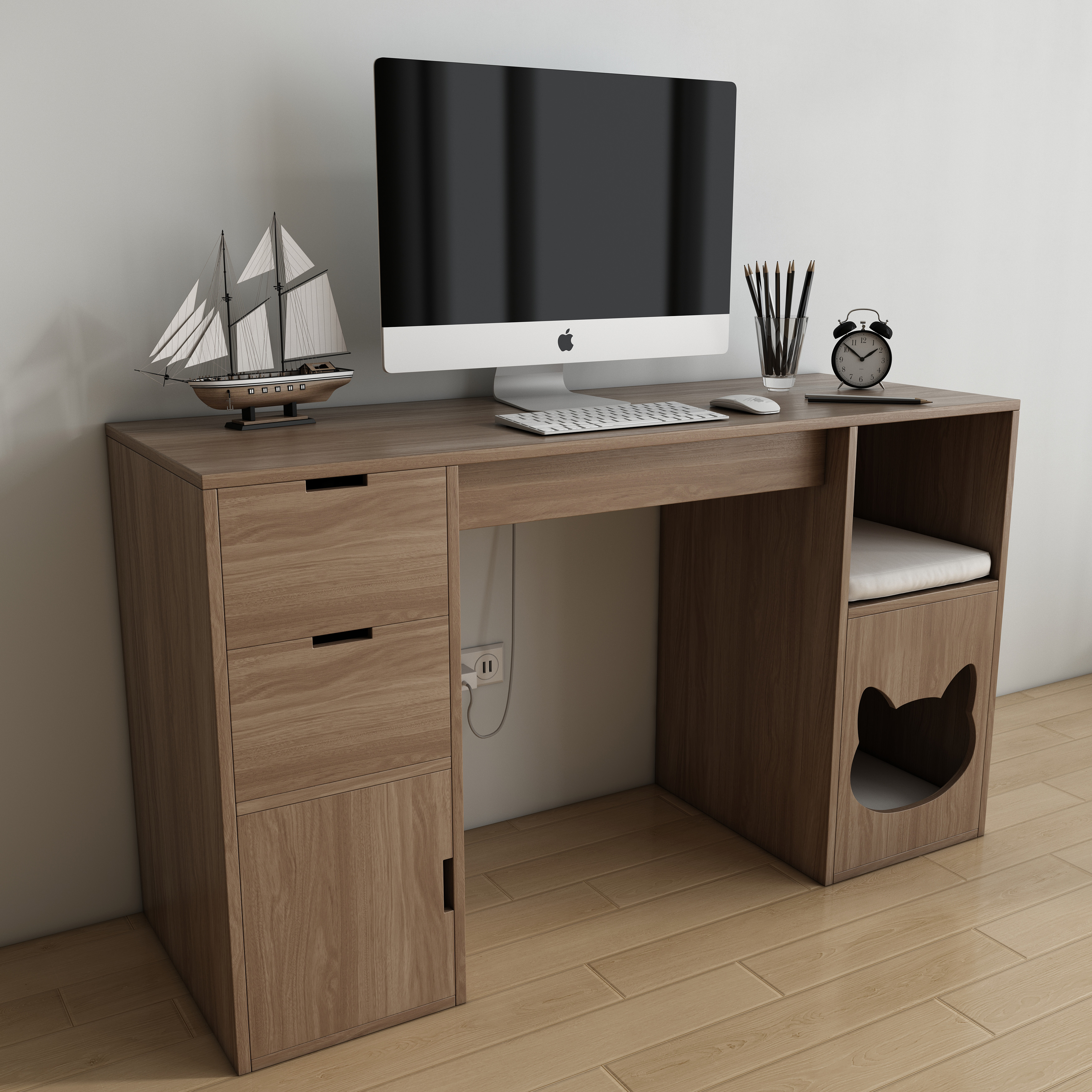 Wooden Desk with Built-In Cat House, Drawers & Open Shelf for Work & Pets