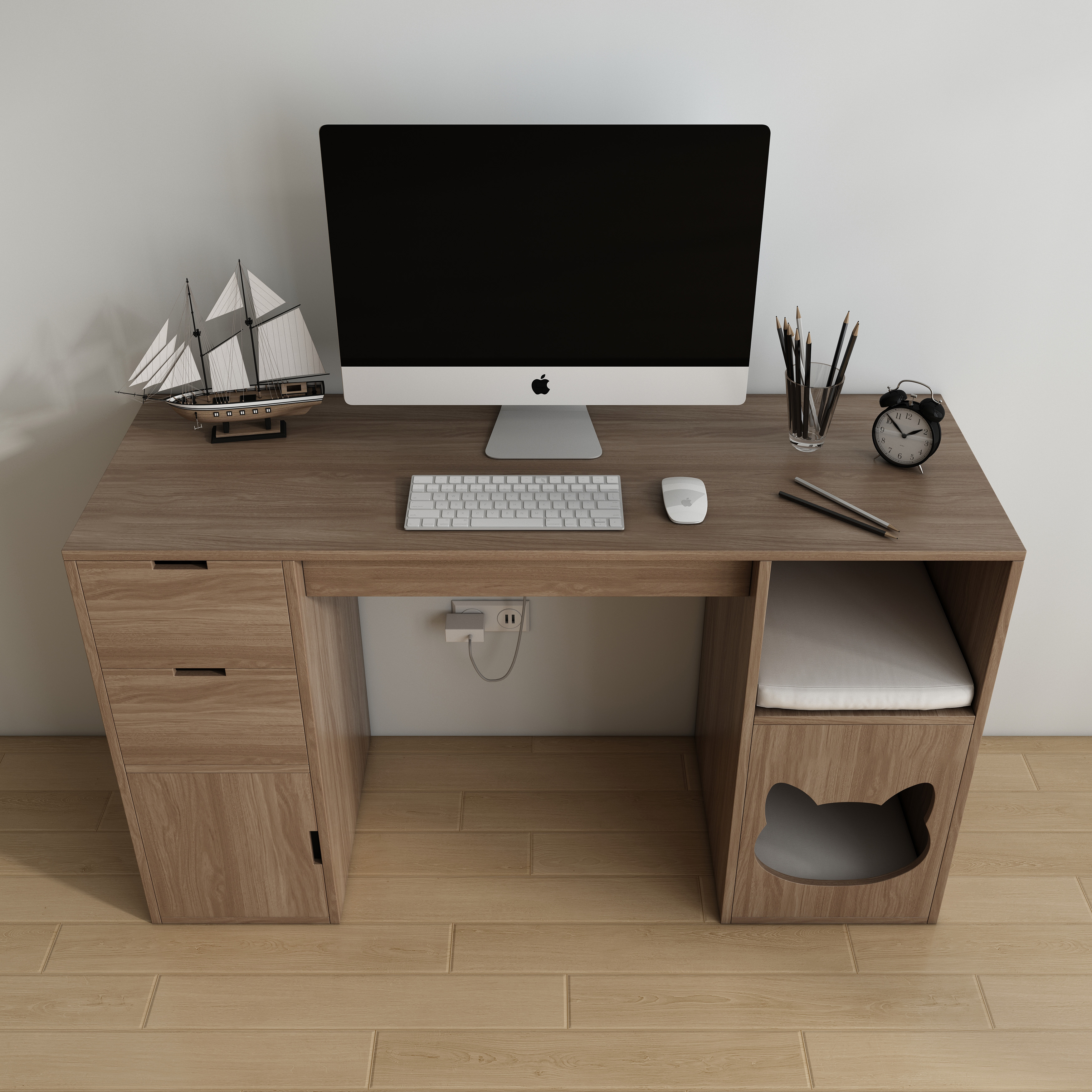 Wooden Desk with Built-In Cat House, Drawers & Open Shelf for Work & Pets