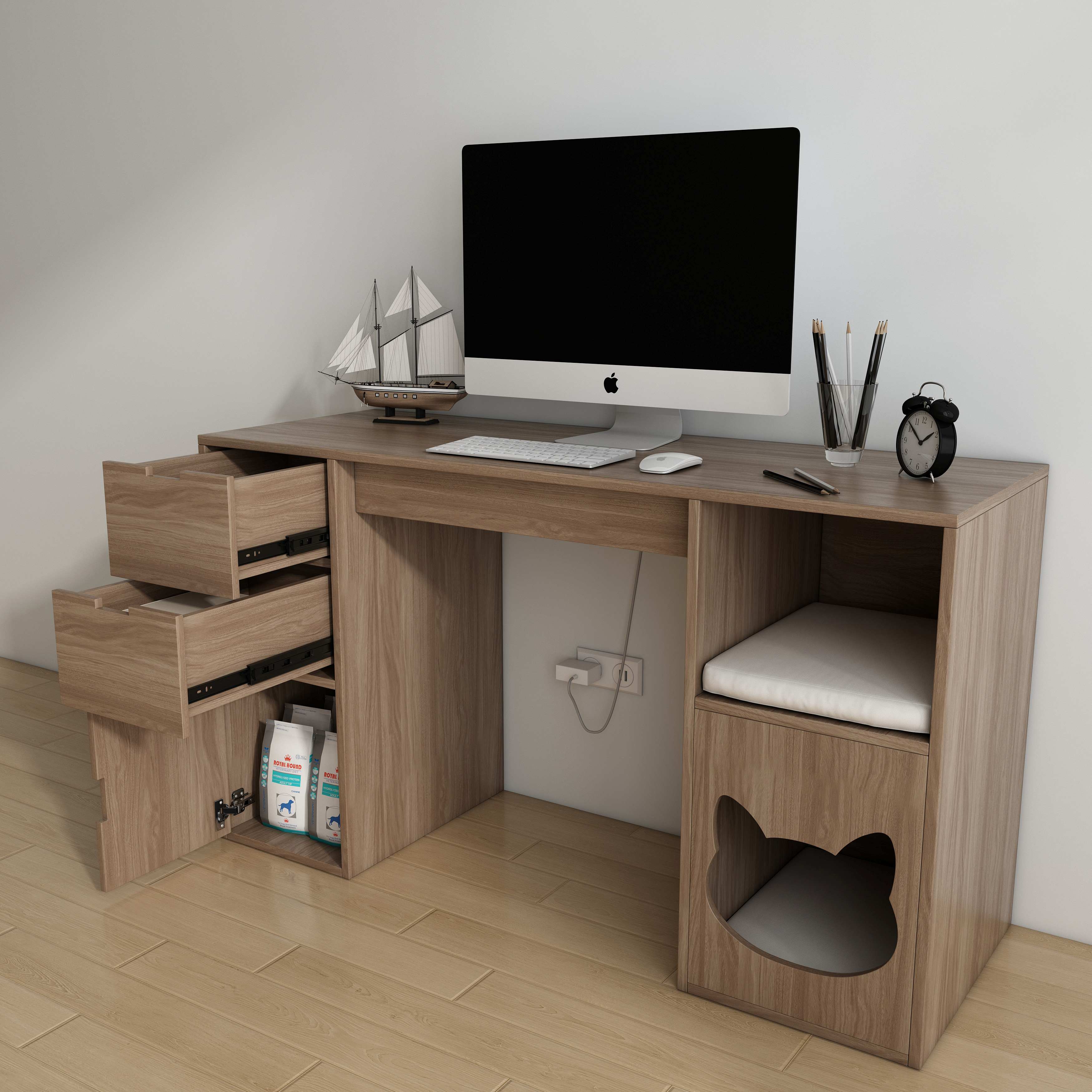 Wooden Desk with Built-In Cat House, Drawers & Open Shelf for Work & Pets