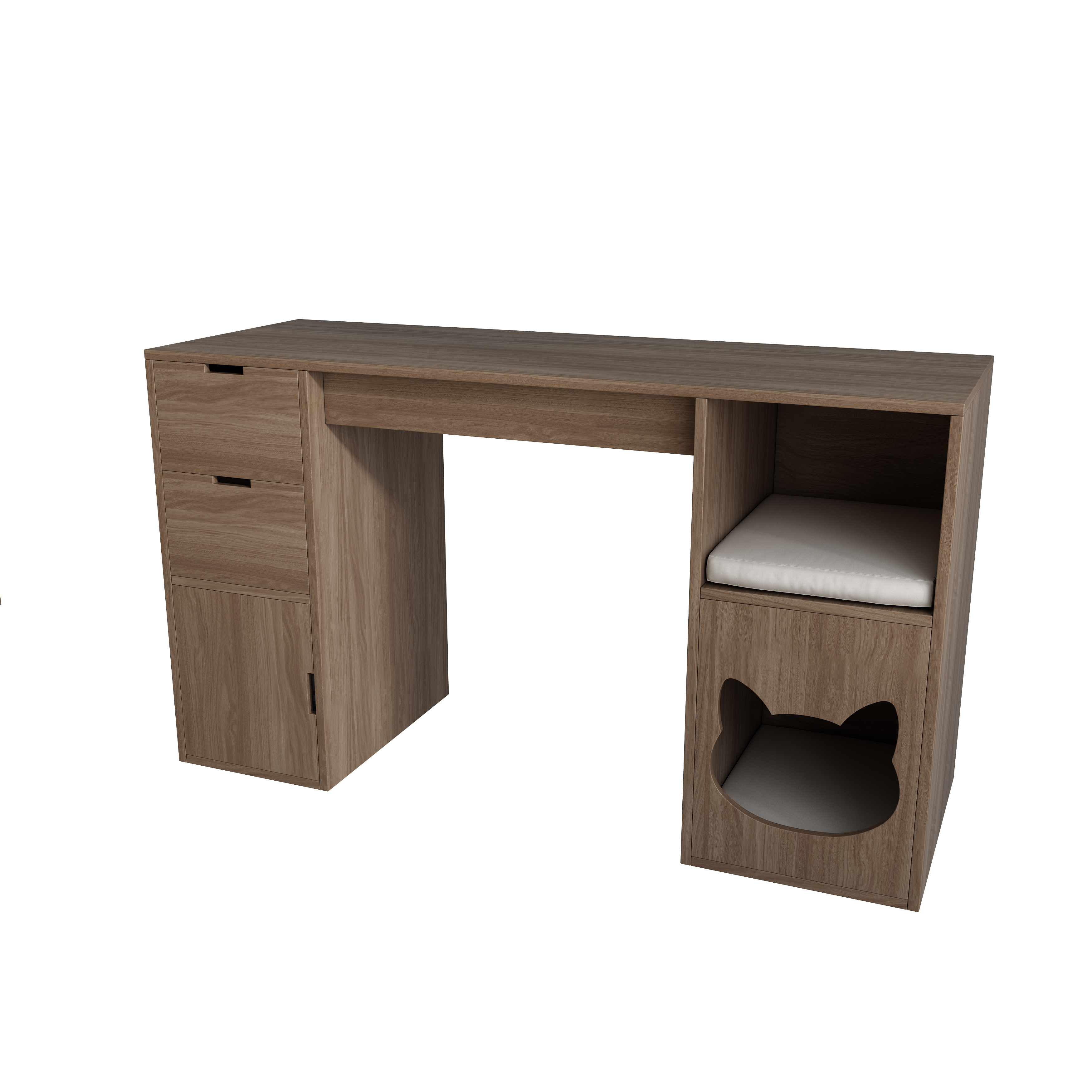 Wooden Desk with Built-In Cat House, Drawers & Open Shelf for Work & Pets