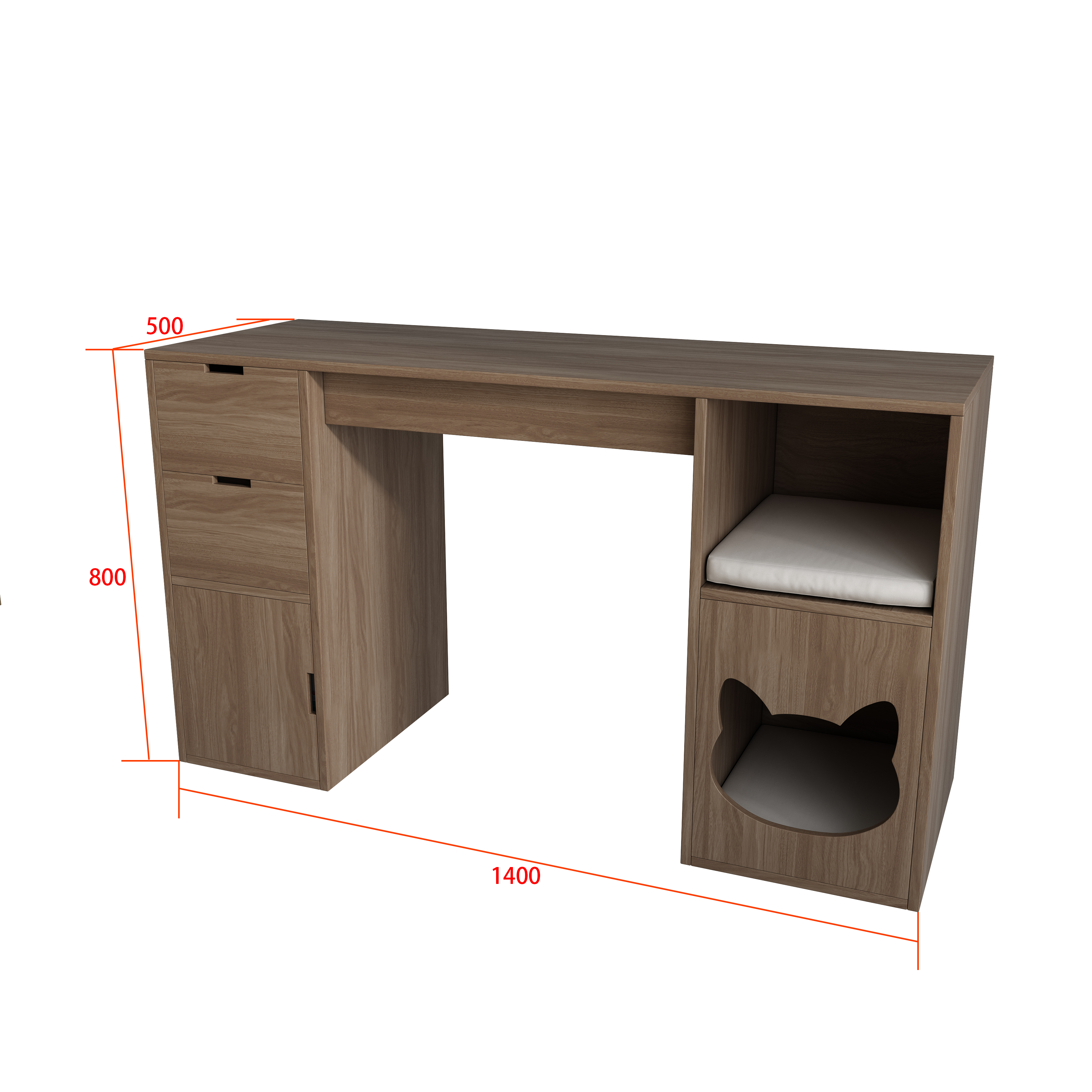 Wooden Desk with Built-In Cat House, Drawers & Open Shelf for Work & Pets