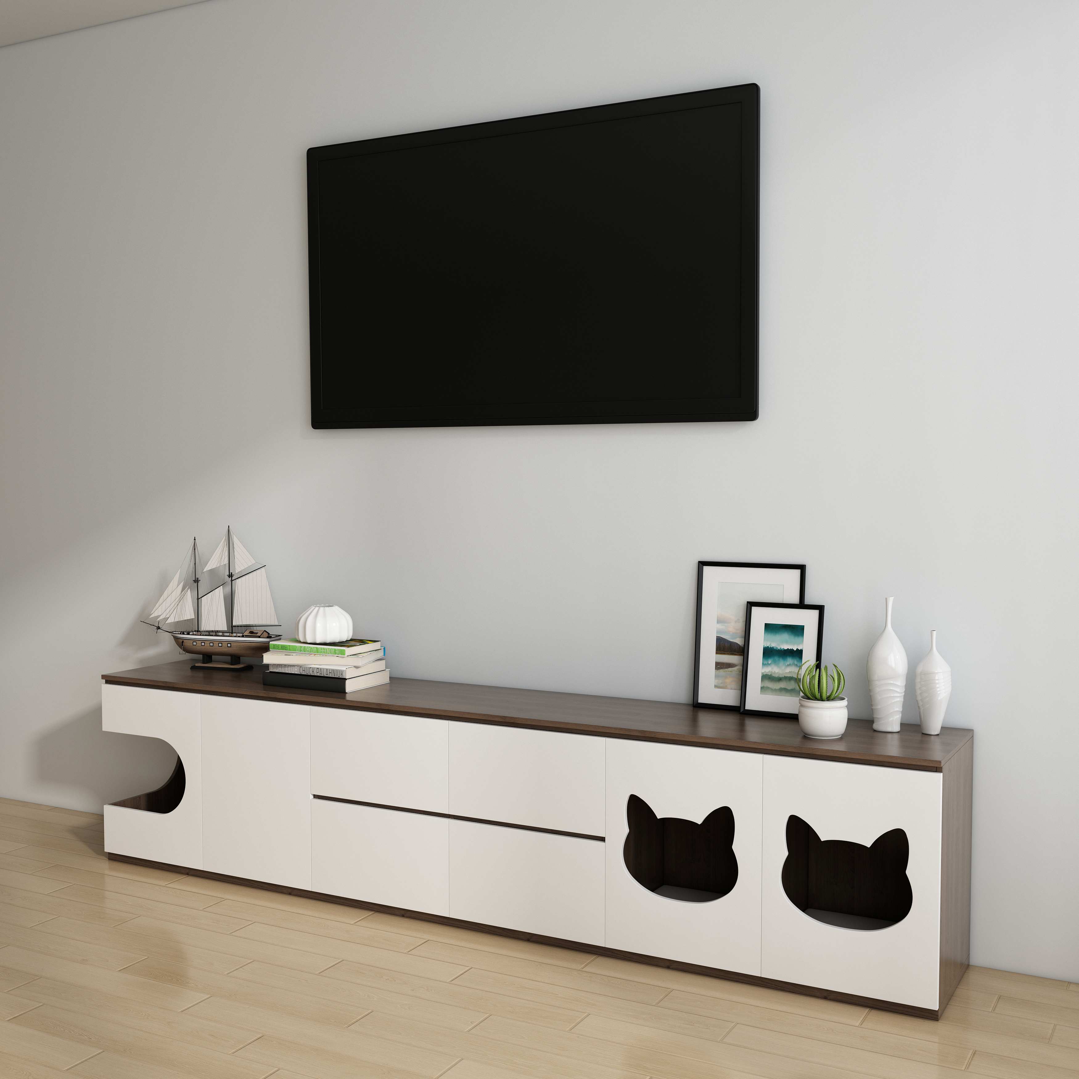 Wooden TV Stand with Built-In Cat Houses & Storage Drawers for Living Room