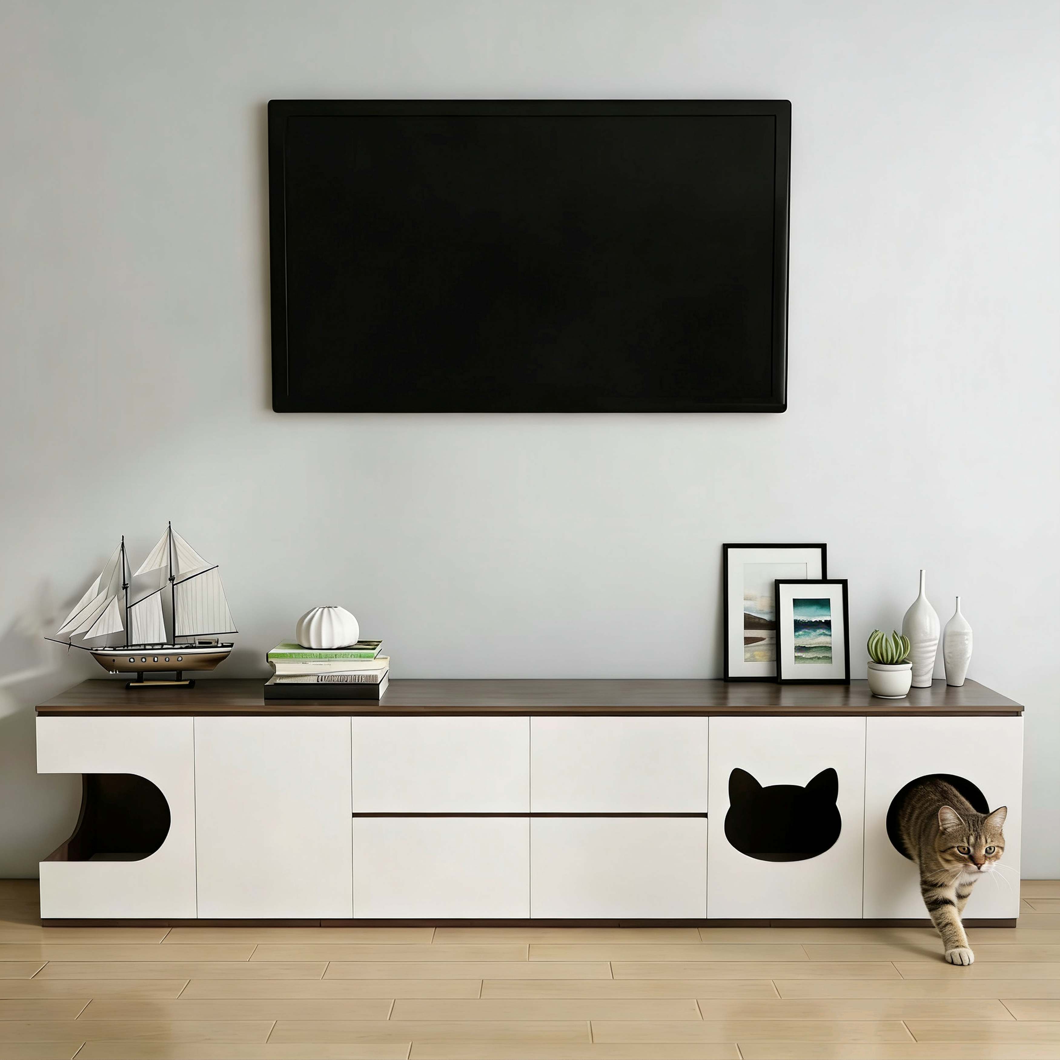 Wooden TV Stand with Built-In Cat Houses & Storage Drawers for Living Room