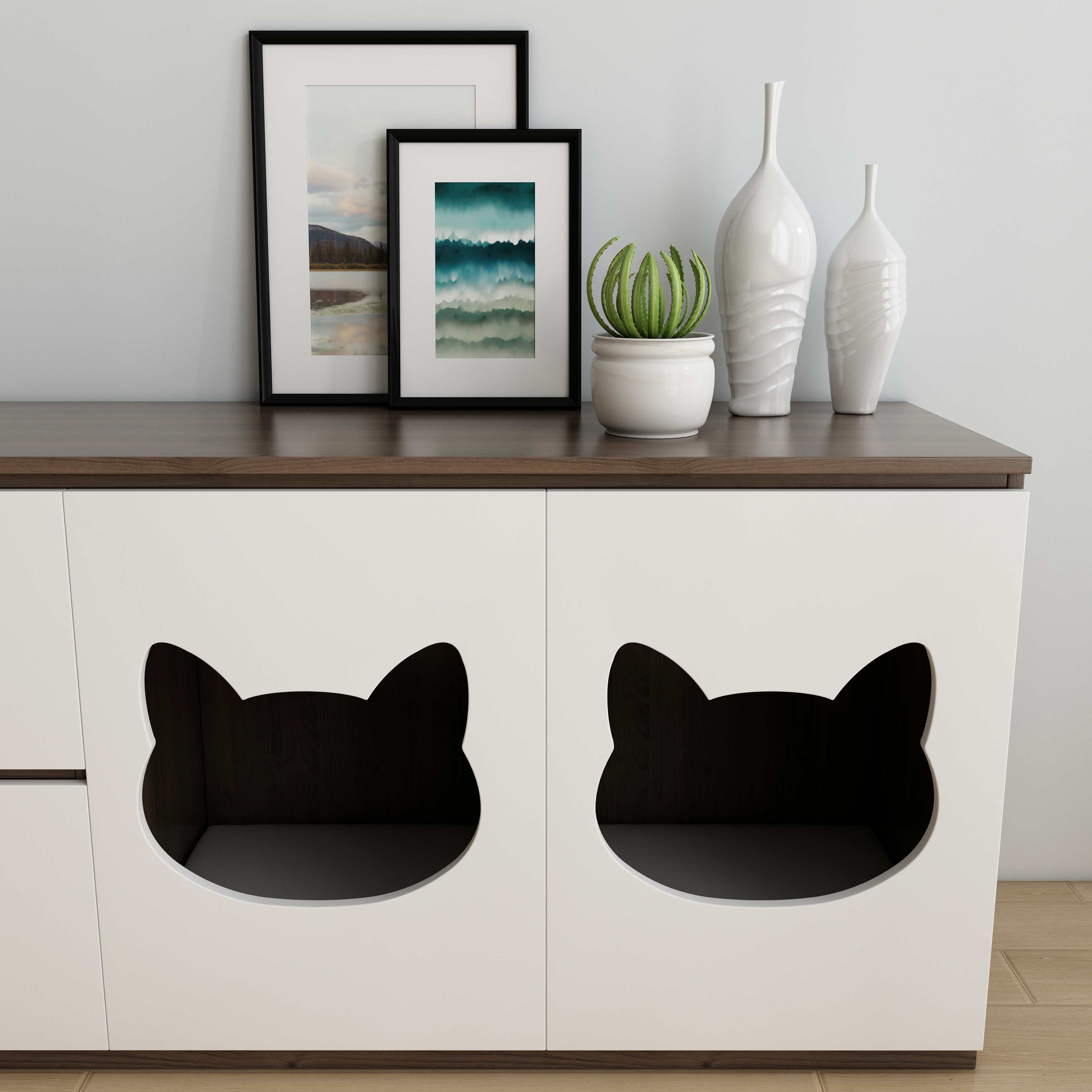 Wooden TV Stand with Built-In Cat Houses & Storage Drawers for Living Room
