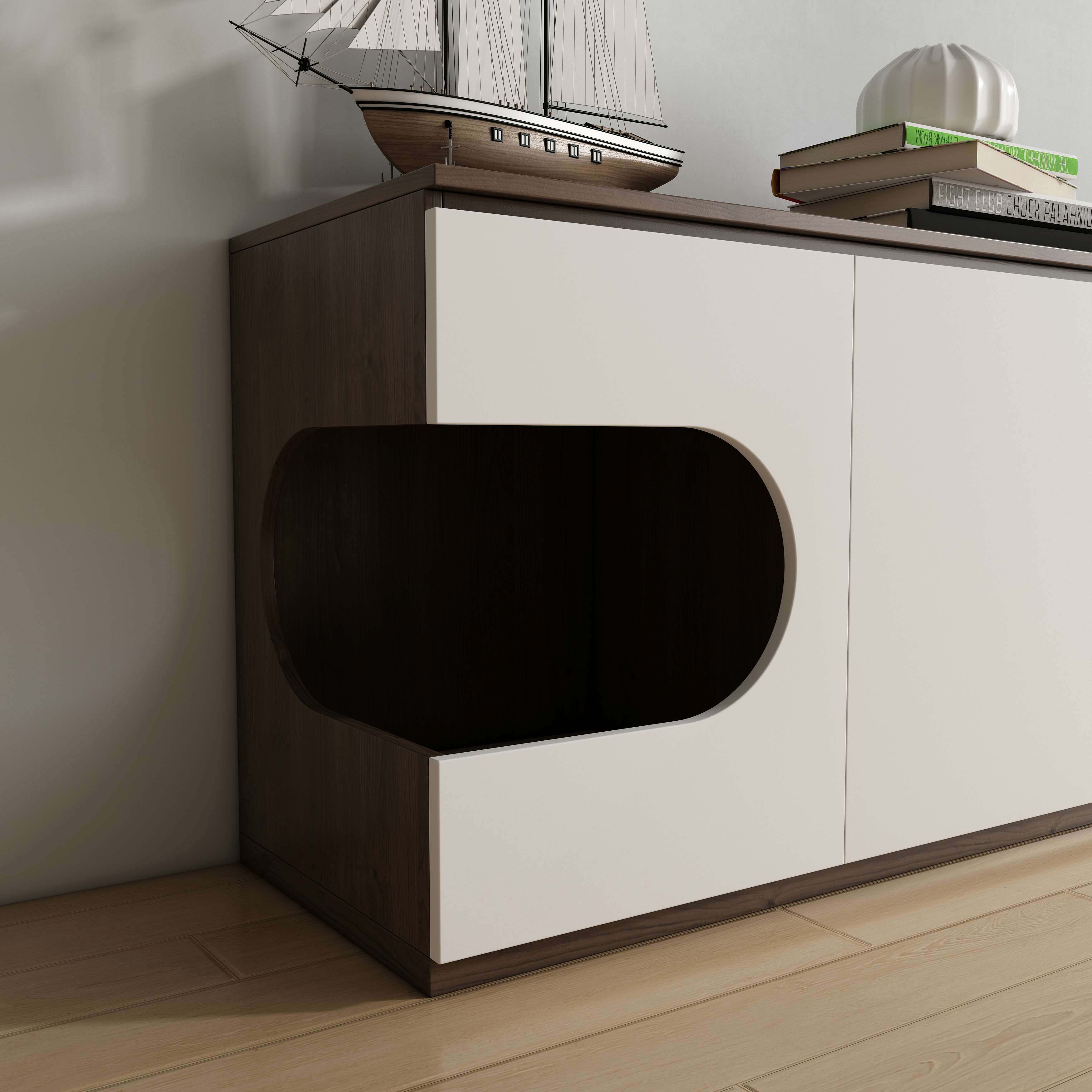 Wooden TV Stand with Built-In Cat Houses & Storage Drawers for Living Room