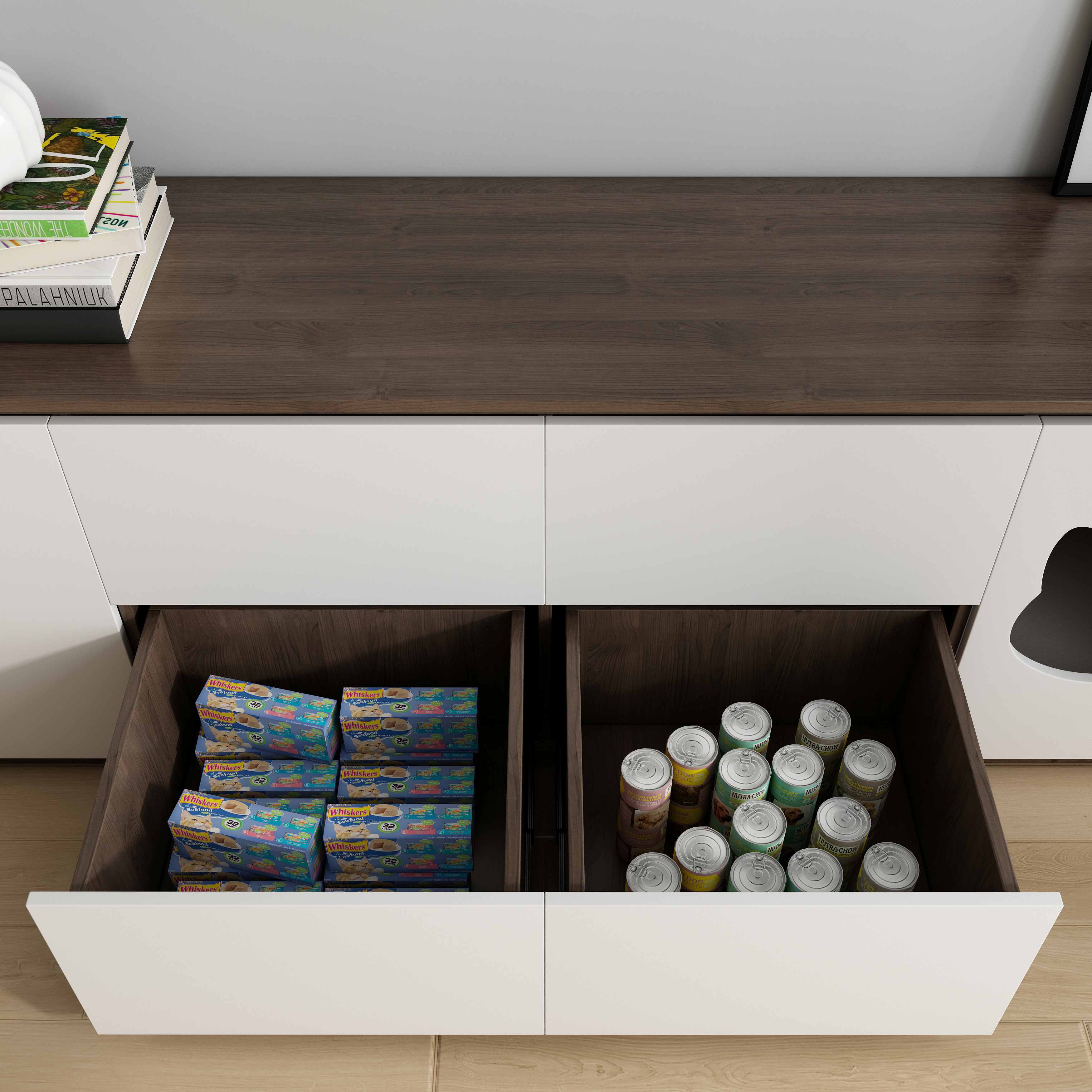 Wooden TV Stand with Built-In Cat Houses & Storage Drawers for Living Room
