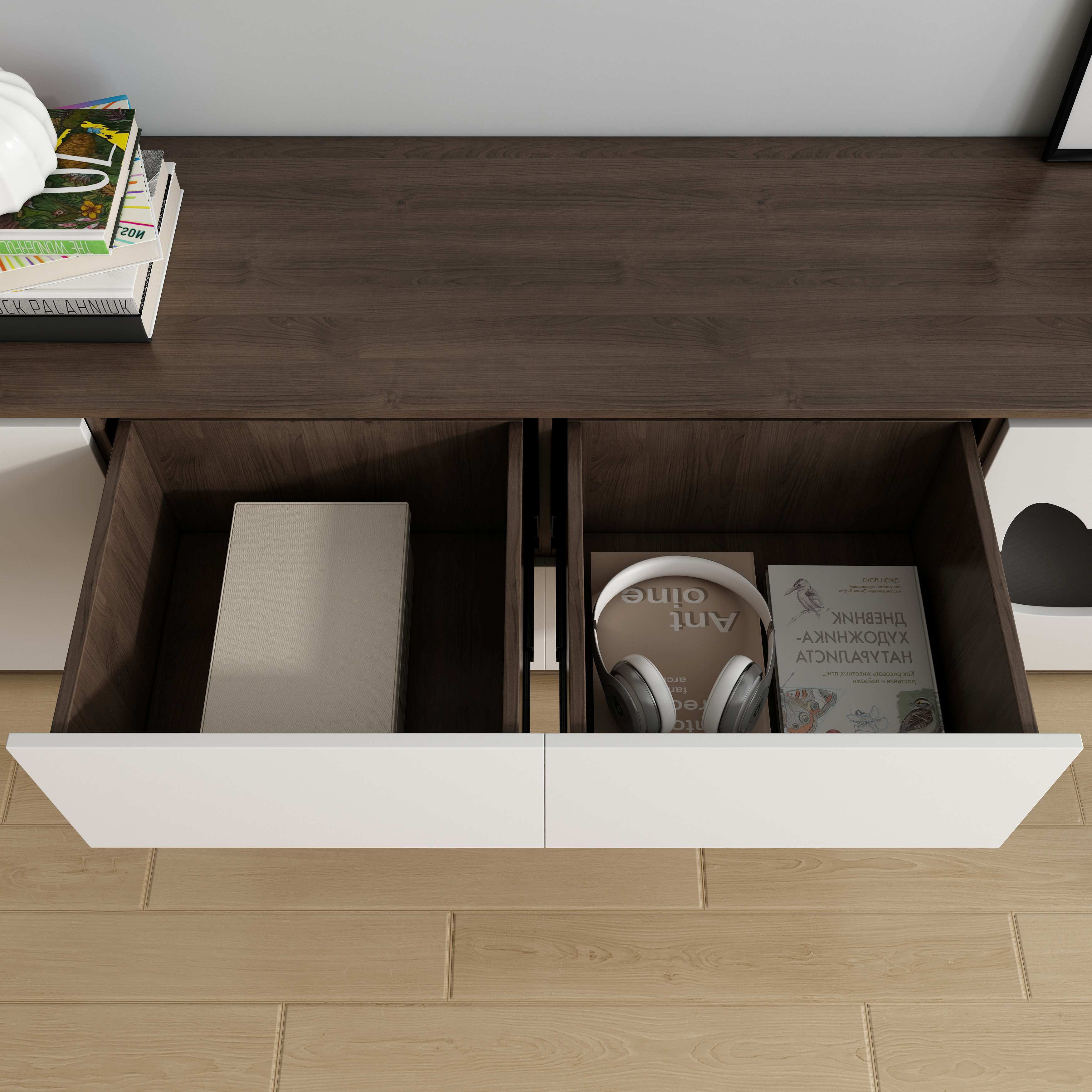 Wooden TV Stand with Built-In Cat Houses & Storage Drawers for Living Room