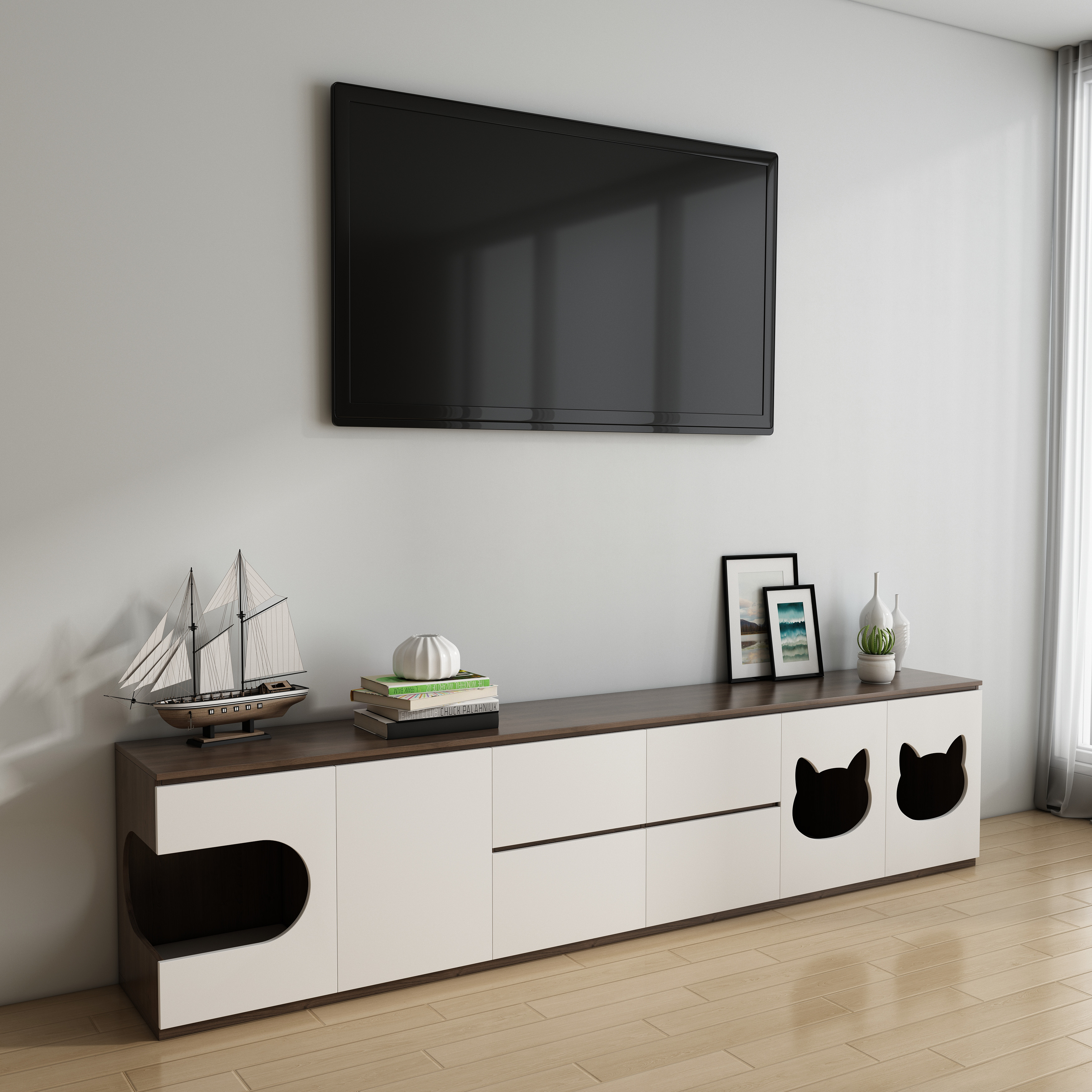 Wooden TV Stand with Built-In Cat Houses & Storage Drawers for Living Room