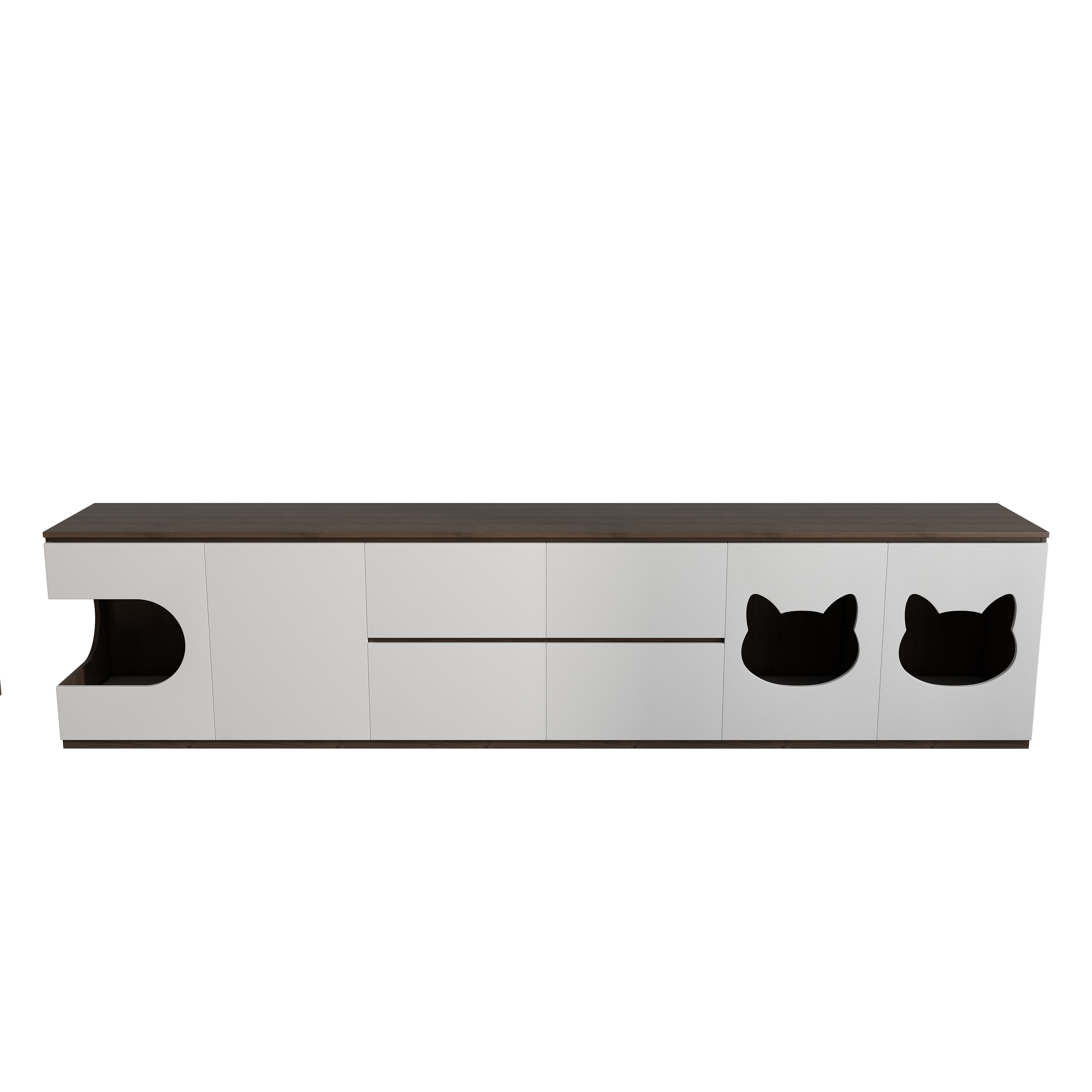 Wooden TV Stand with Built-In Cat Houses & Storage Drawers for Living Room