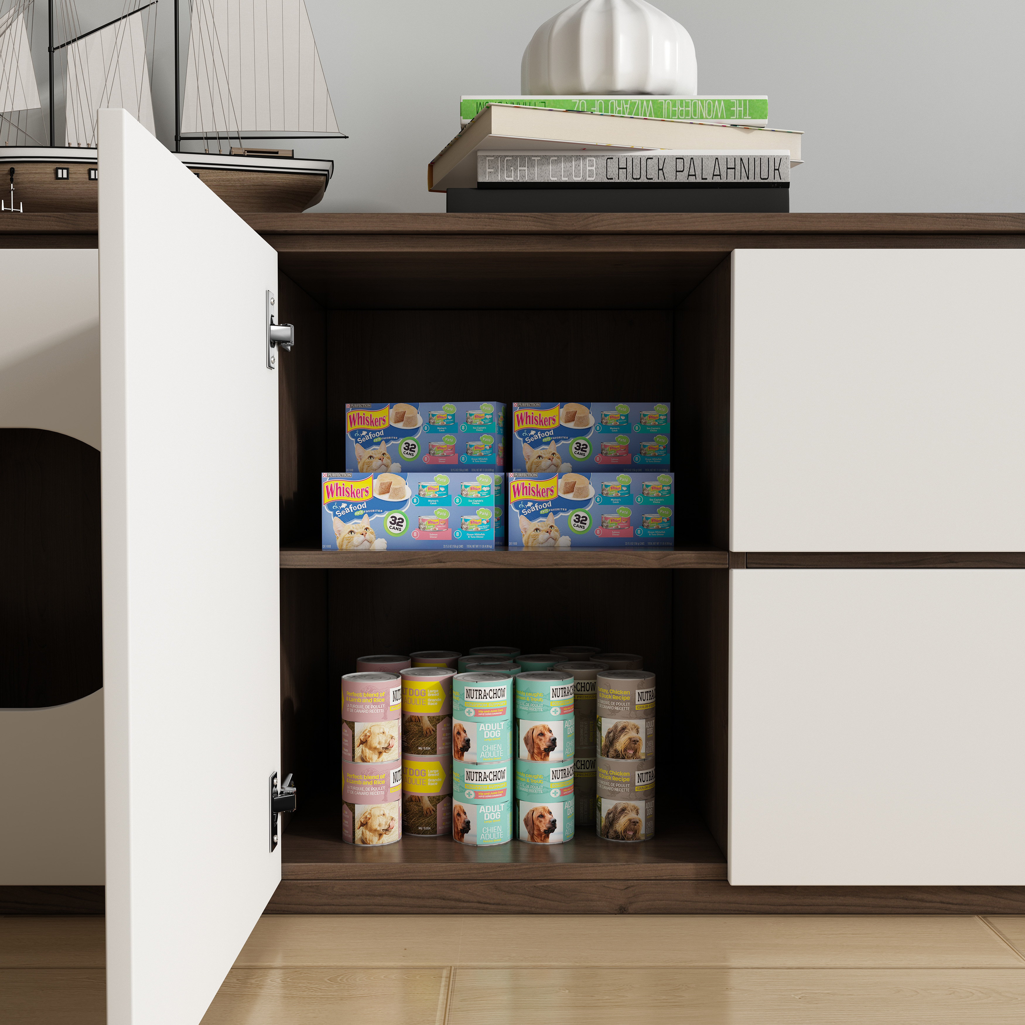 Wooden TV Stand with Built-In Cat Houses & Storage Drawers for Living Room