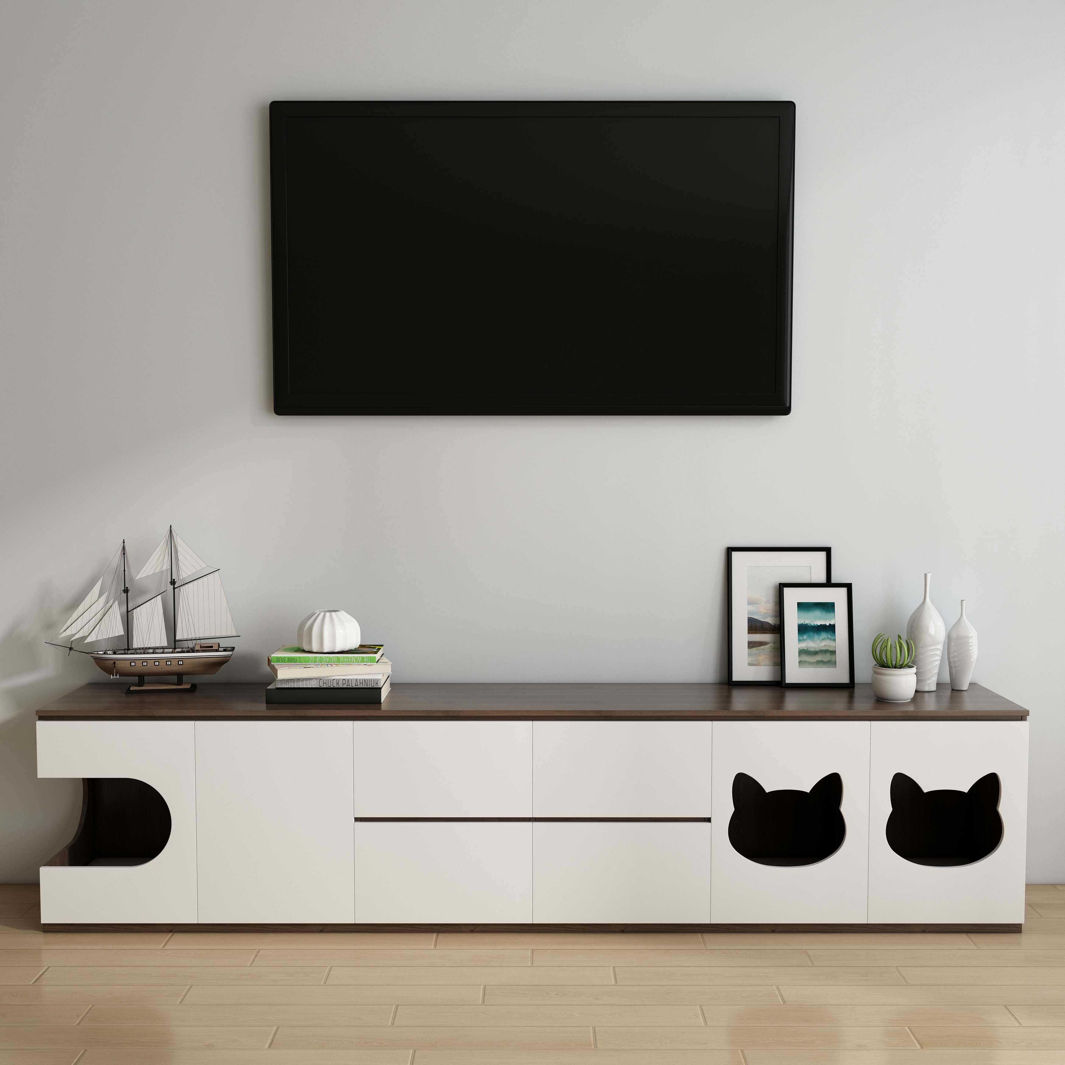 Wooden TV Stand with Built-In Cat Houses & Storage Drawers for Living Room