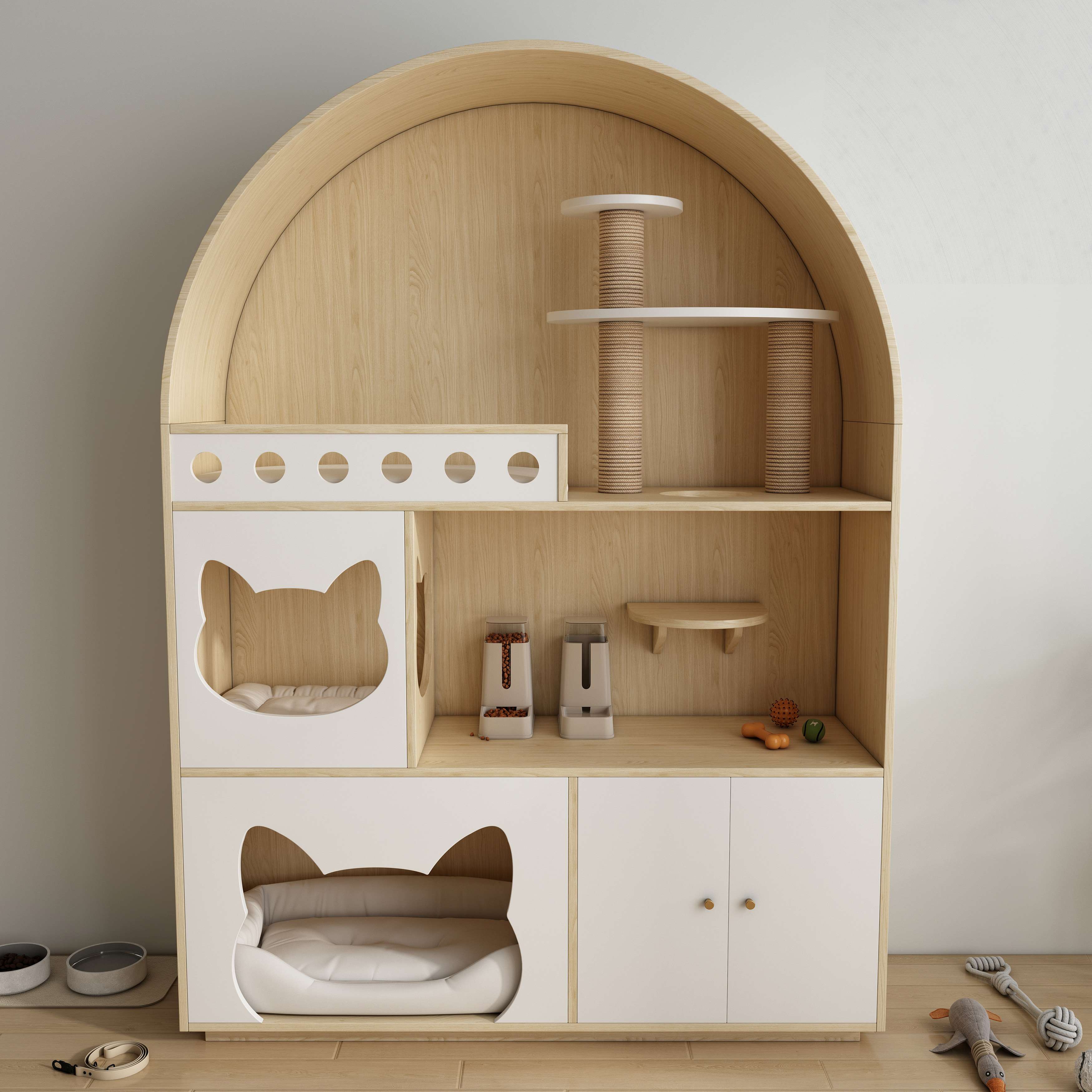 Arched Wooden Cat Tree House with Scratching Posts, Cat Beds & Storage Cabinet