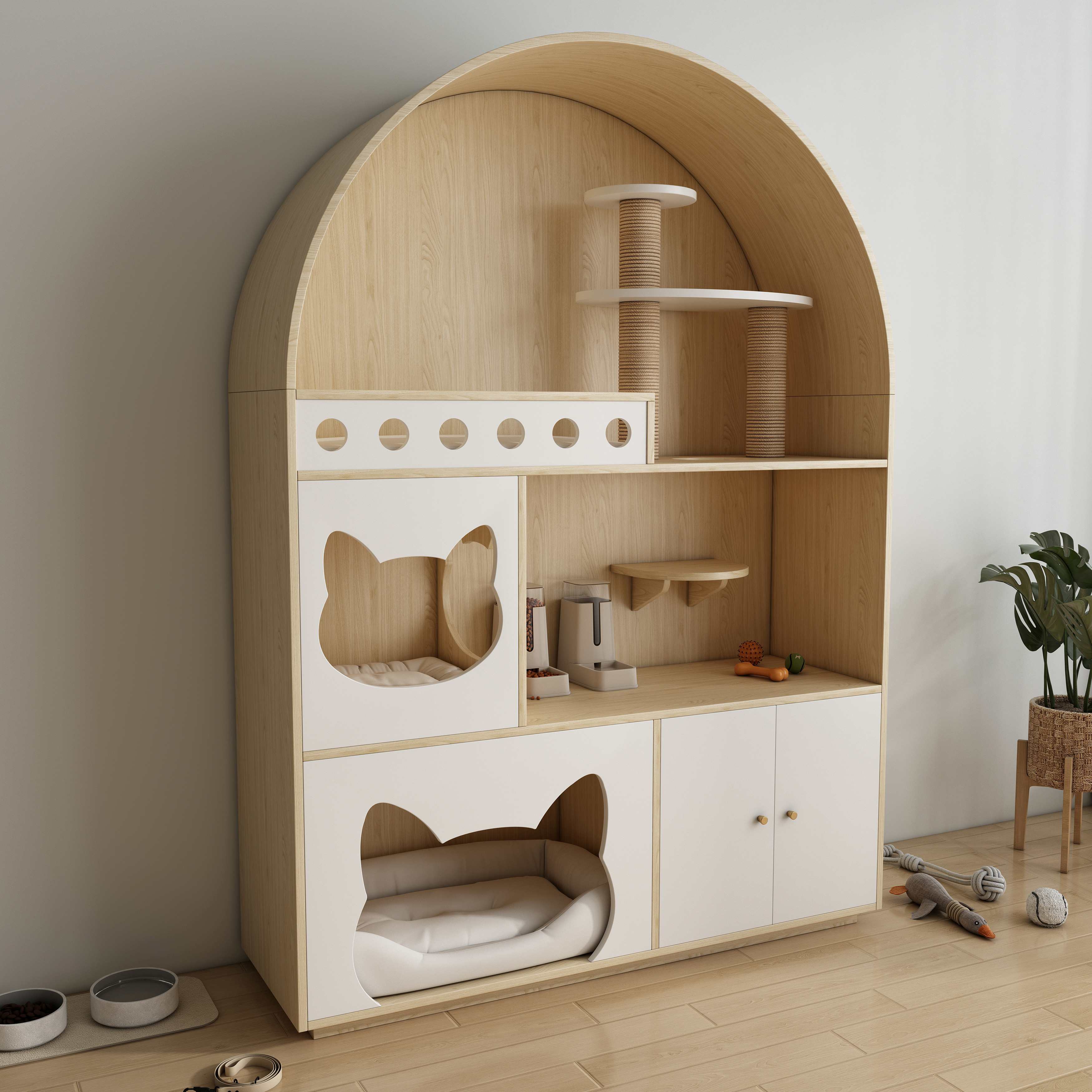 Arched Wooden Cat Tree House with Scratching Posts, Cat Beds & Storage Cabinet