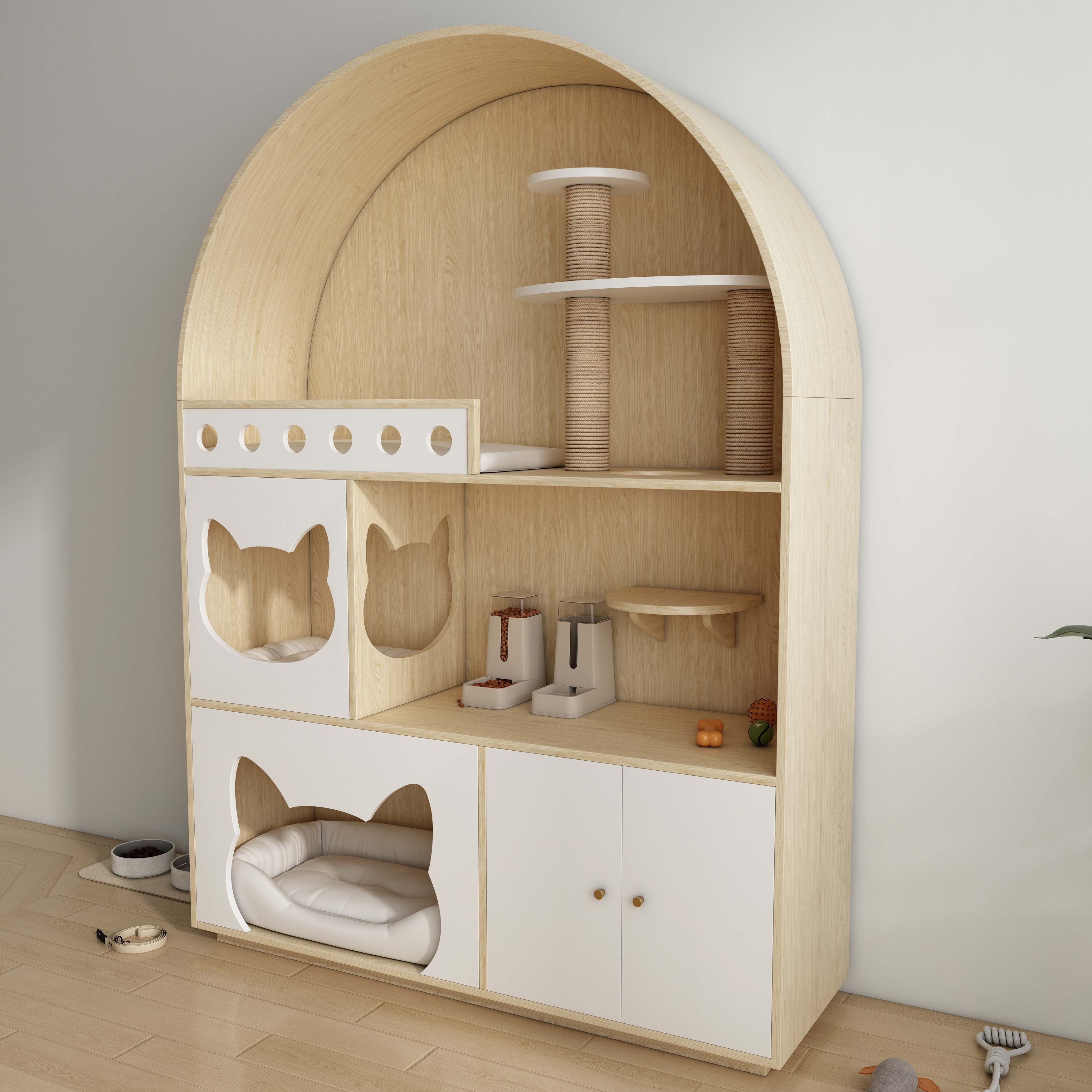 Arched Wooden Cat Tree House with Scratching Posts, Cat Beds & Storage Cabinet