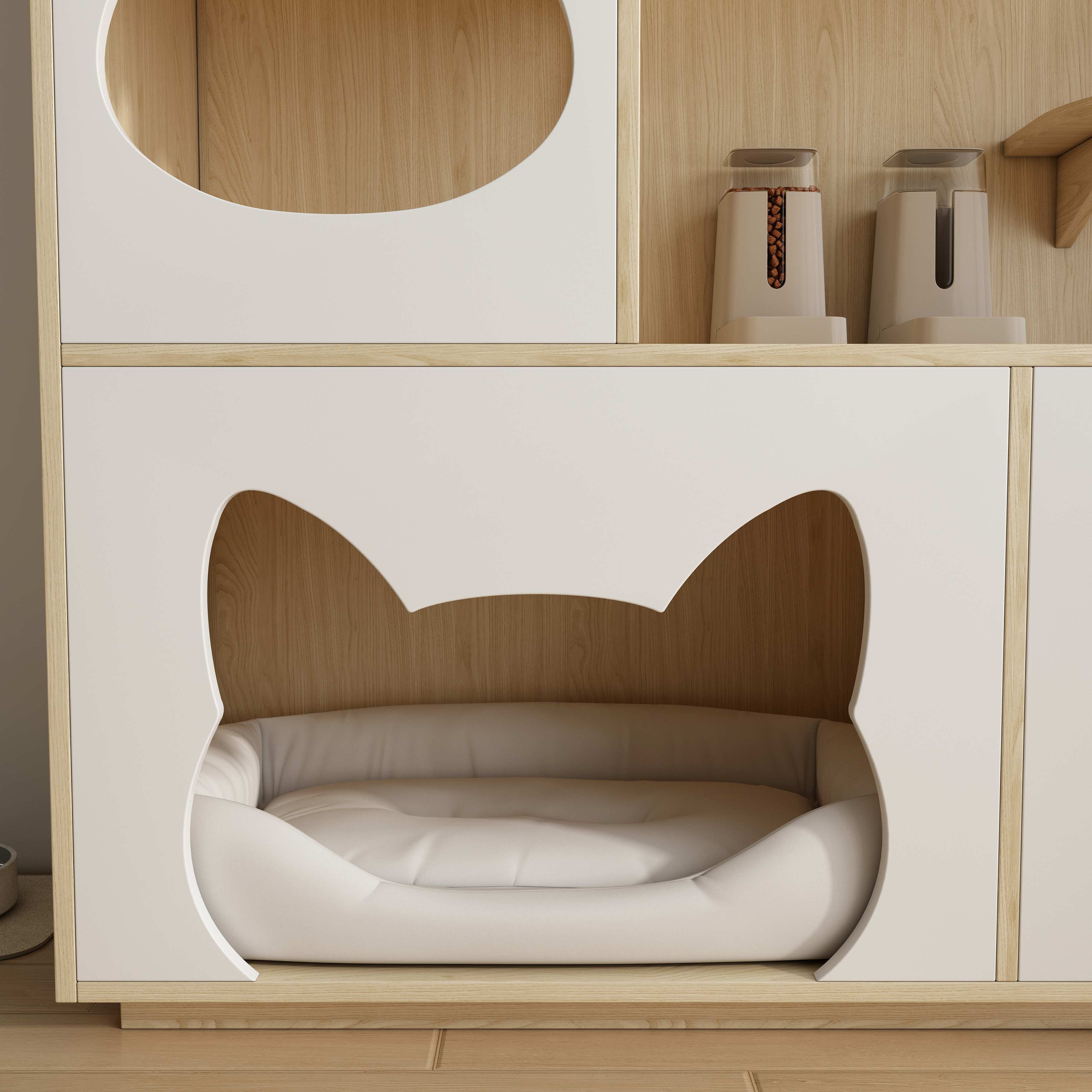 Arched Wooden Cat Tree House with Scratching Posts, Cat Beds & Storage Cabinet