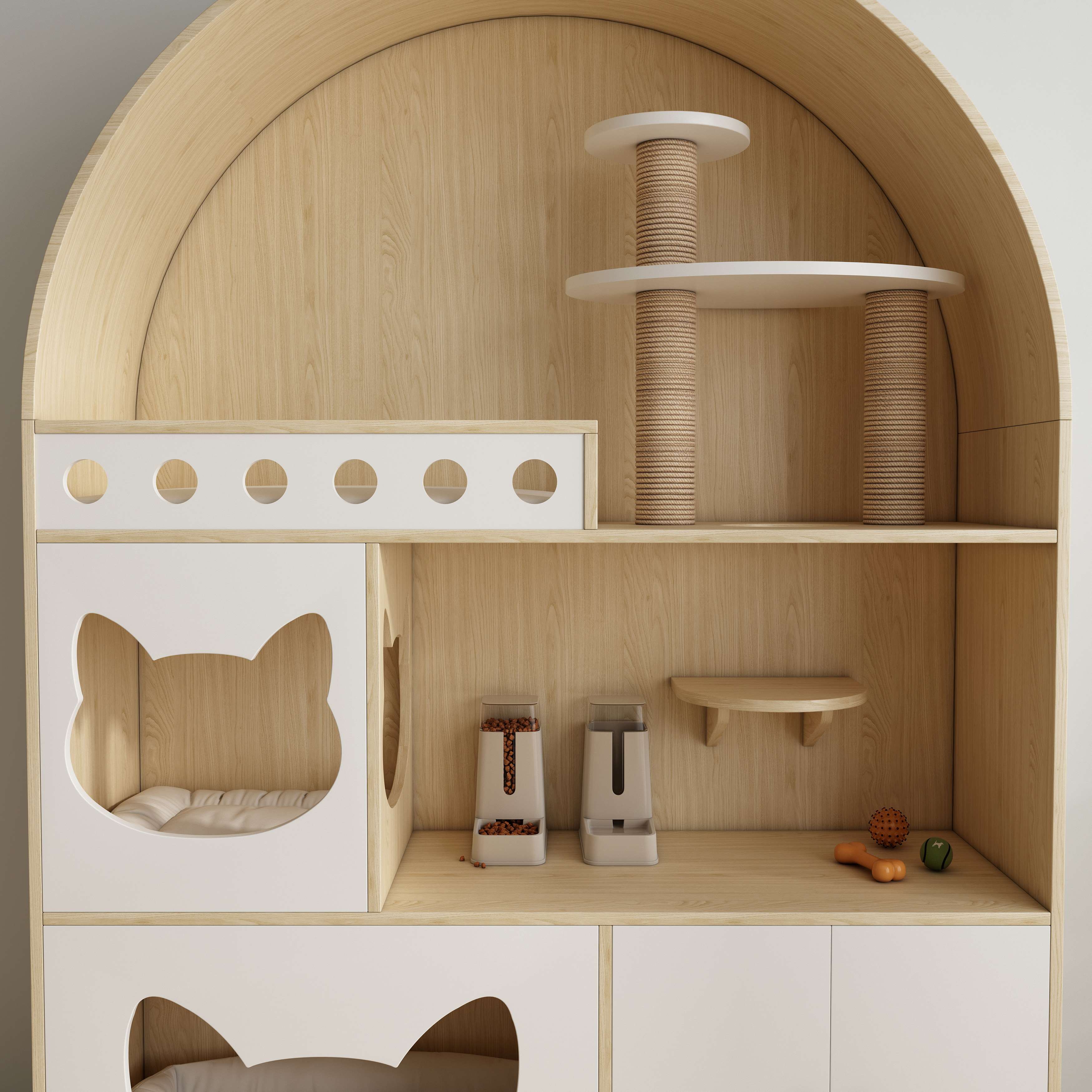 Arched Wooden Cat Tree House with Scratching Posts, Cat Beds & Storage Cabinet