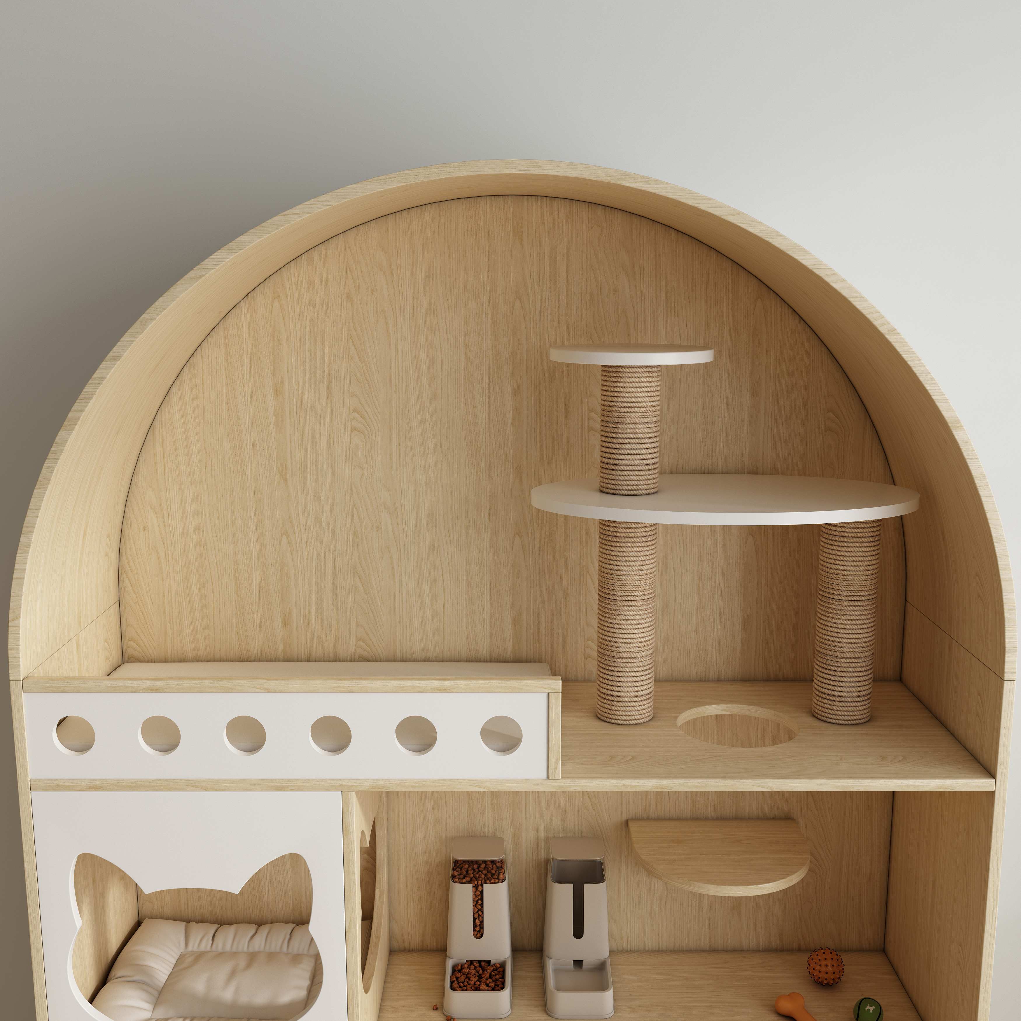 Arched Wooden Cat Tree House with Scratching Posts, Cat Beds & Storage Cabinet