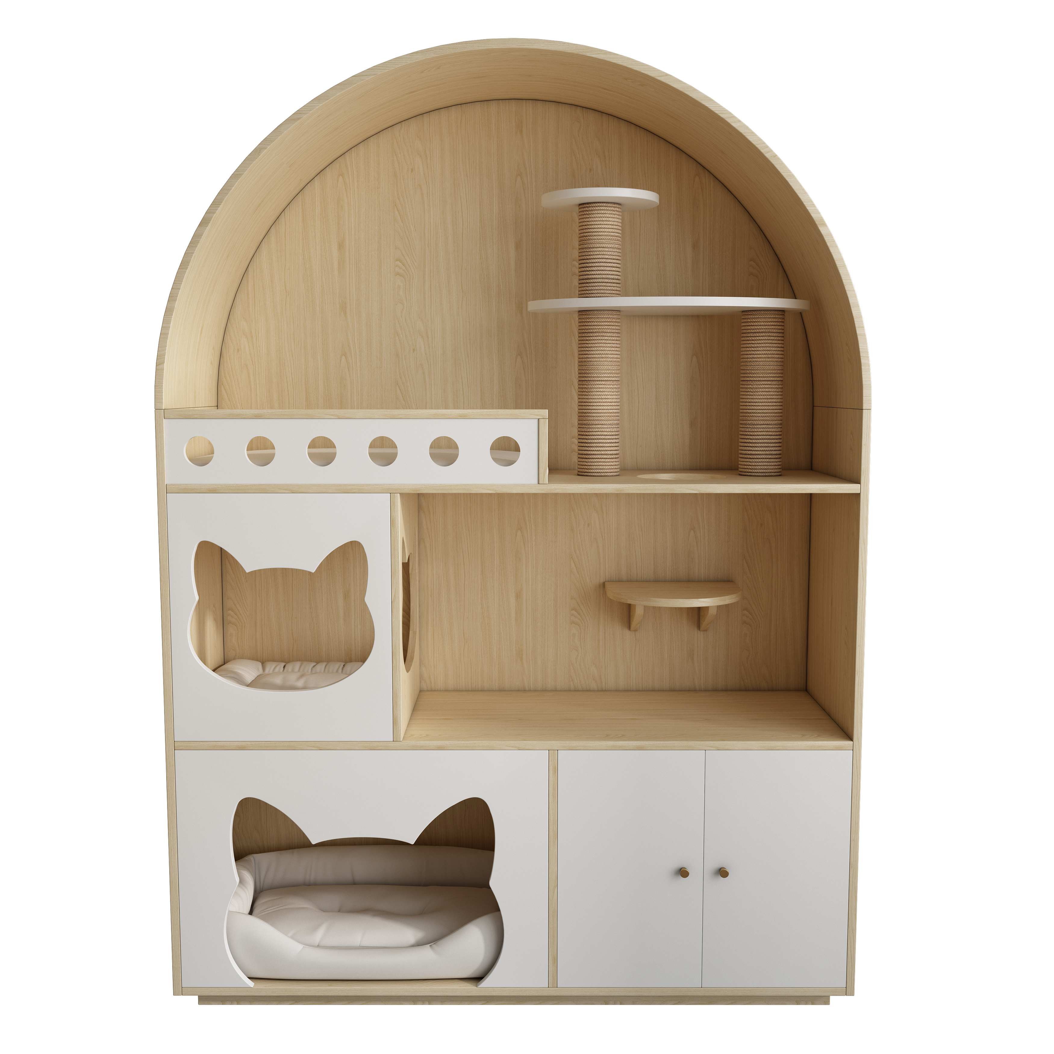 Arched Wooden Cat Tree House with Scratching Posts, Cat Beds & Storage Cabinet