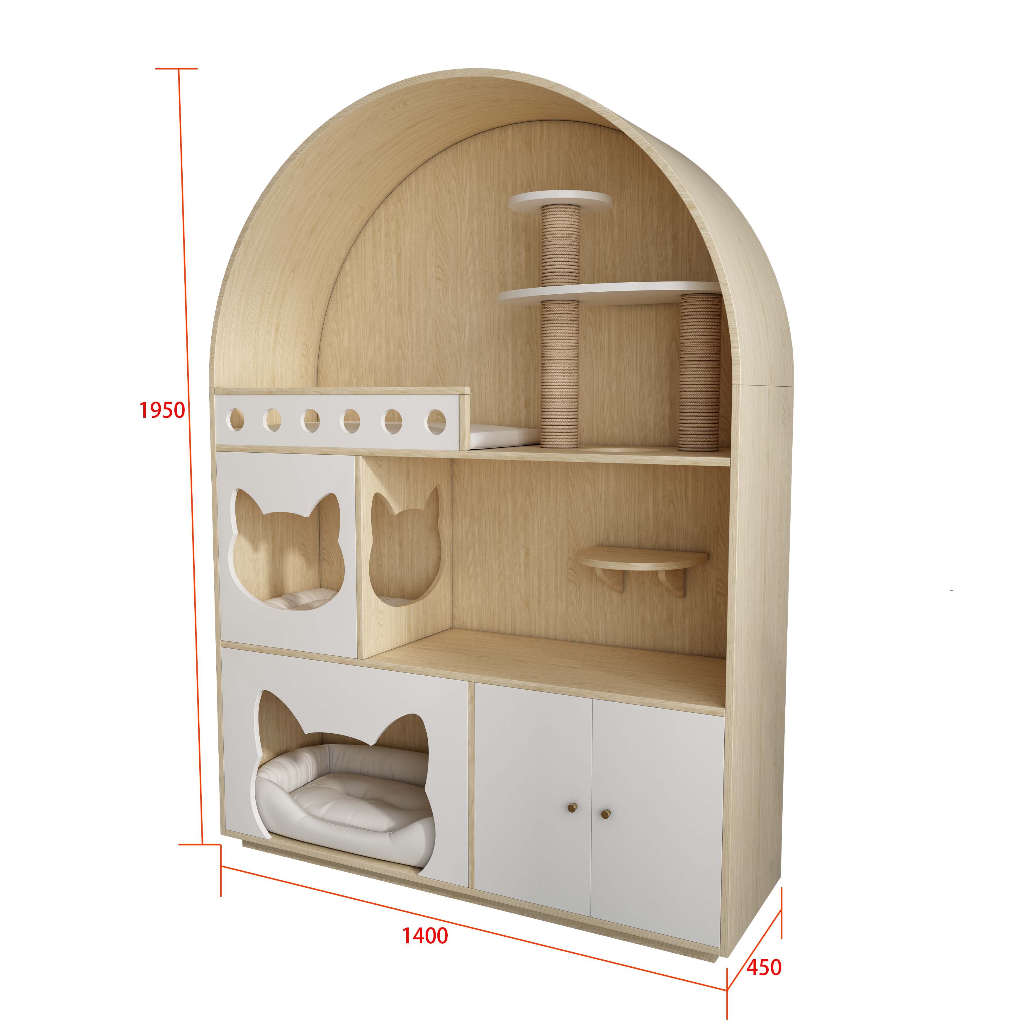 Arched Wooden Cat Tree House with Scratching Posts, Cat Beds & Storage Cabinet