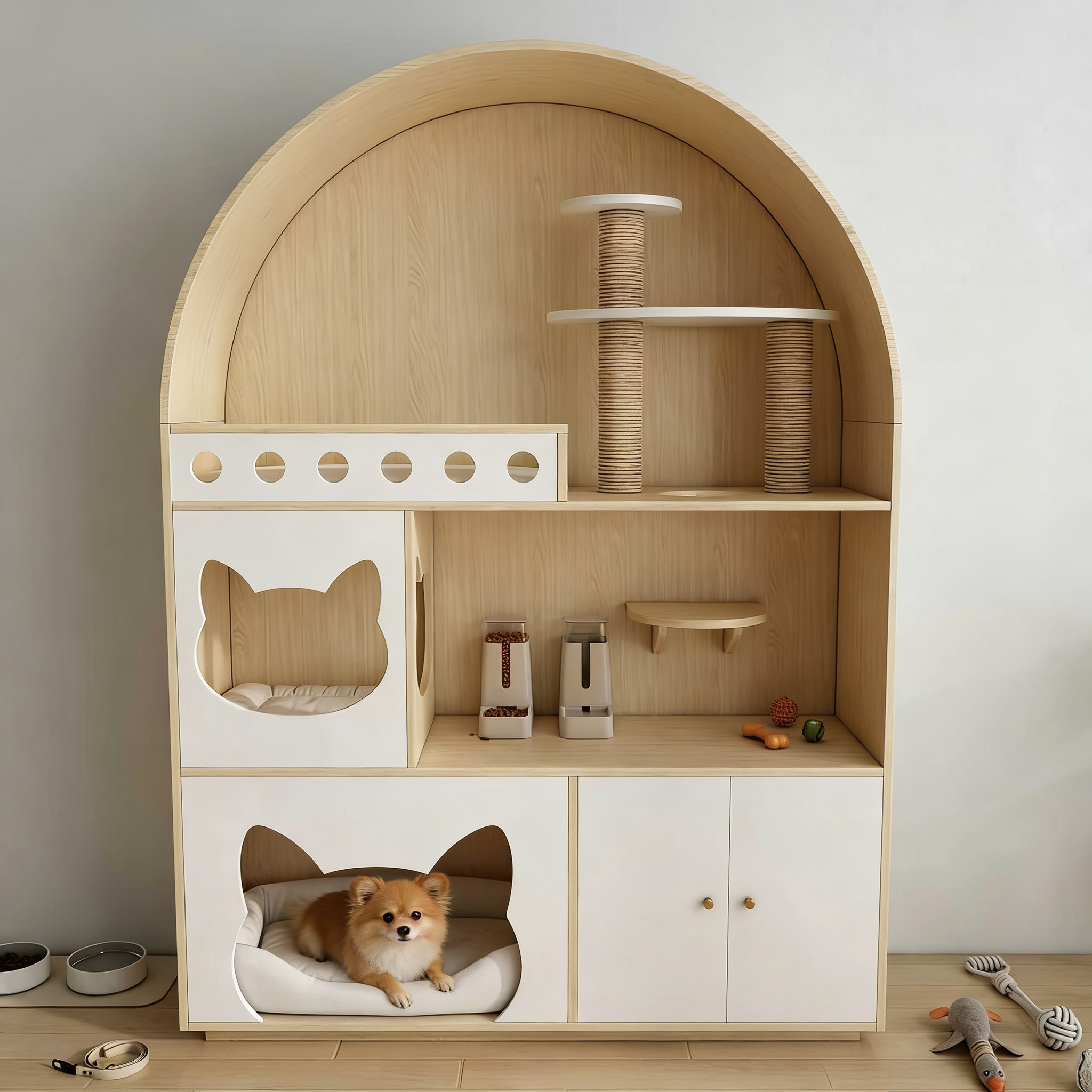 Arched Wooden Cat Tree House with Scratching Posts, Cat Beds & Storage Cabinet