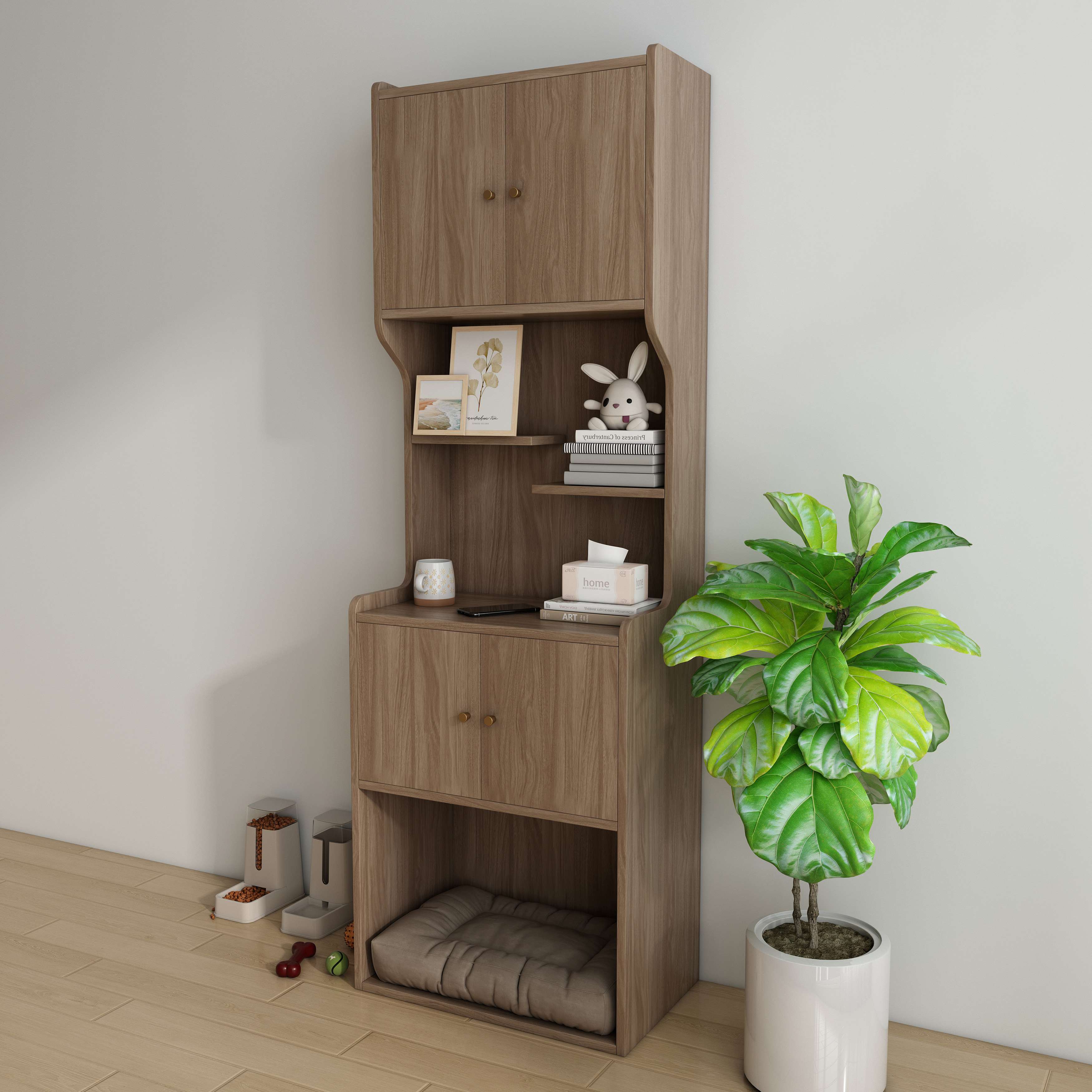 Tall Wooden Cat Shelving Unit with Built‑in Cat Bed & Storage Cabinets