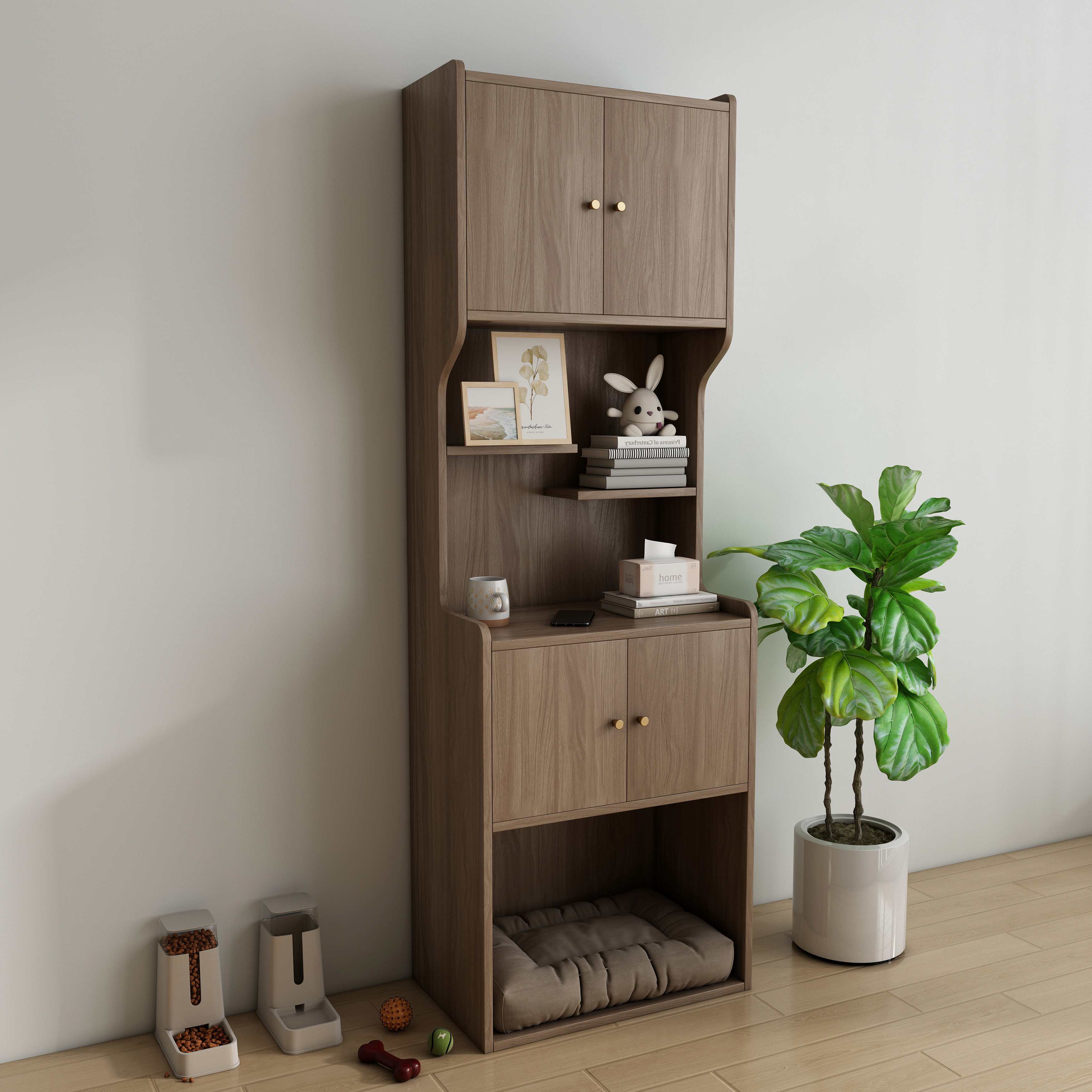 Tall Wooden Cat Shelving Unit with Built‑in Cat Bed & Storage Cabinets