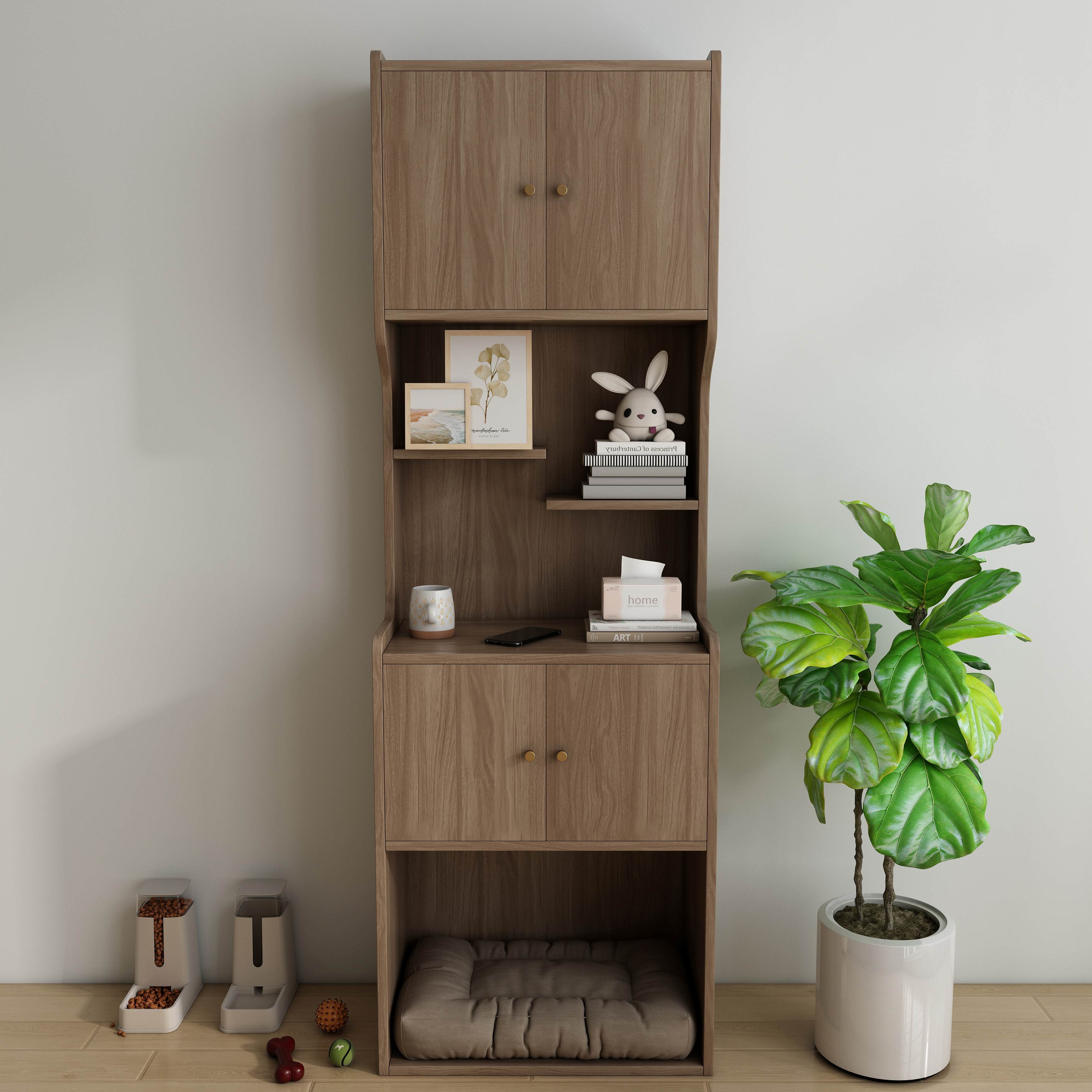 Tall Wooden Cat Shelving Unit with Built‑in Cat Bed & Storage Cabinets