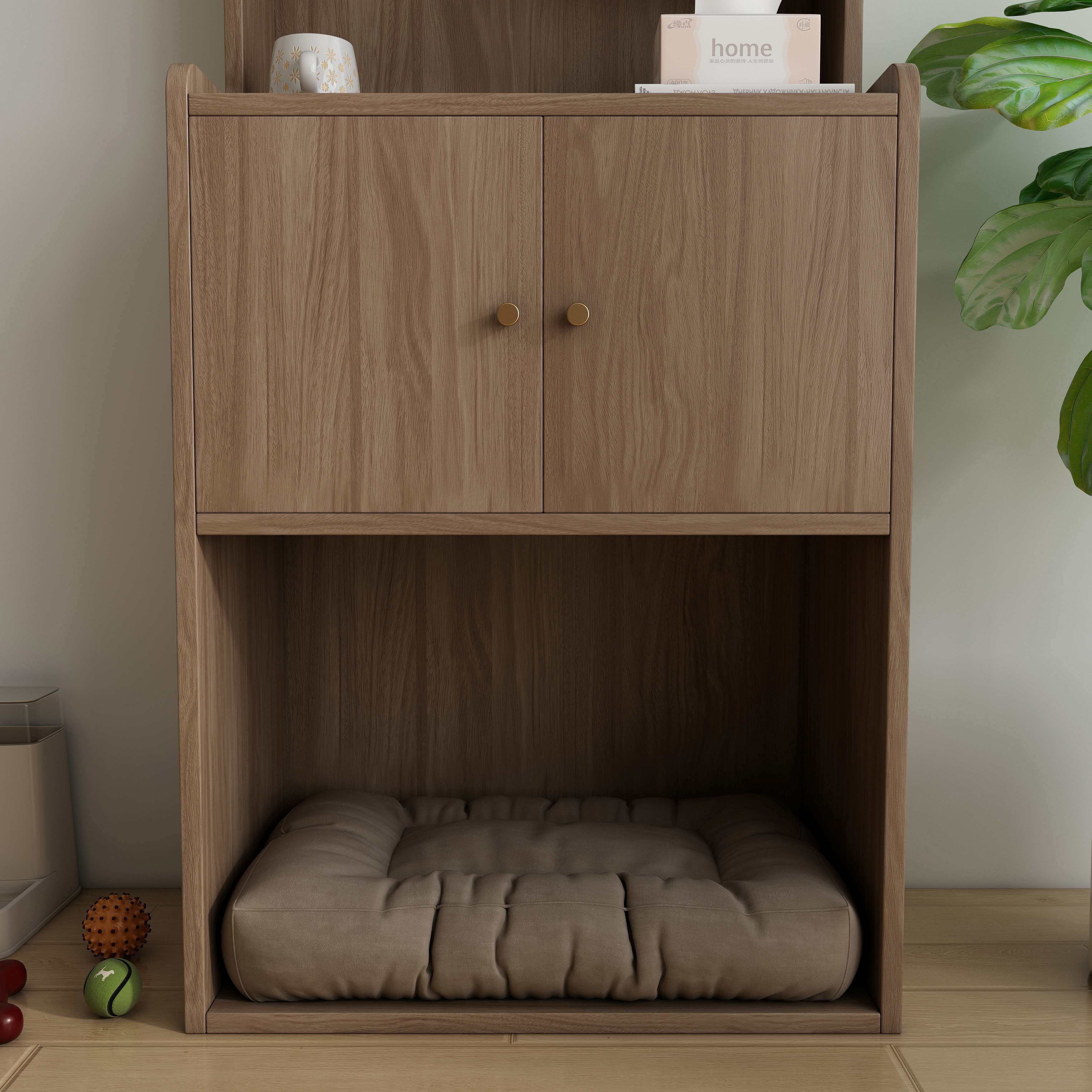 Tall Wooden Cat Shelving Unit with Built‑in Cat Bed & Storage Cabinets