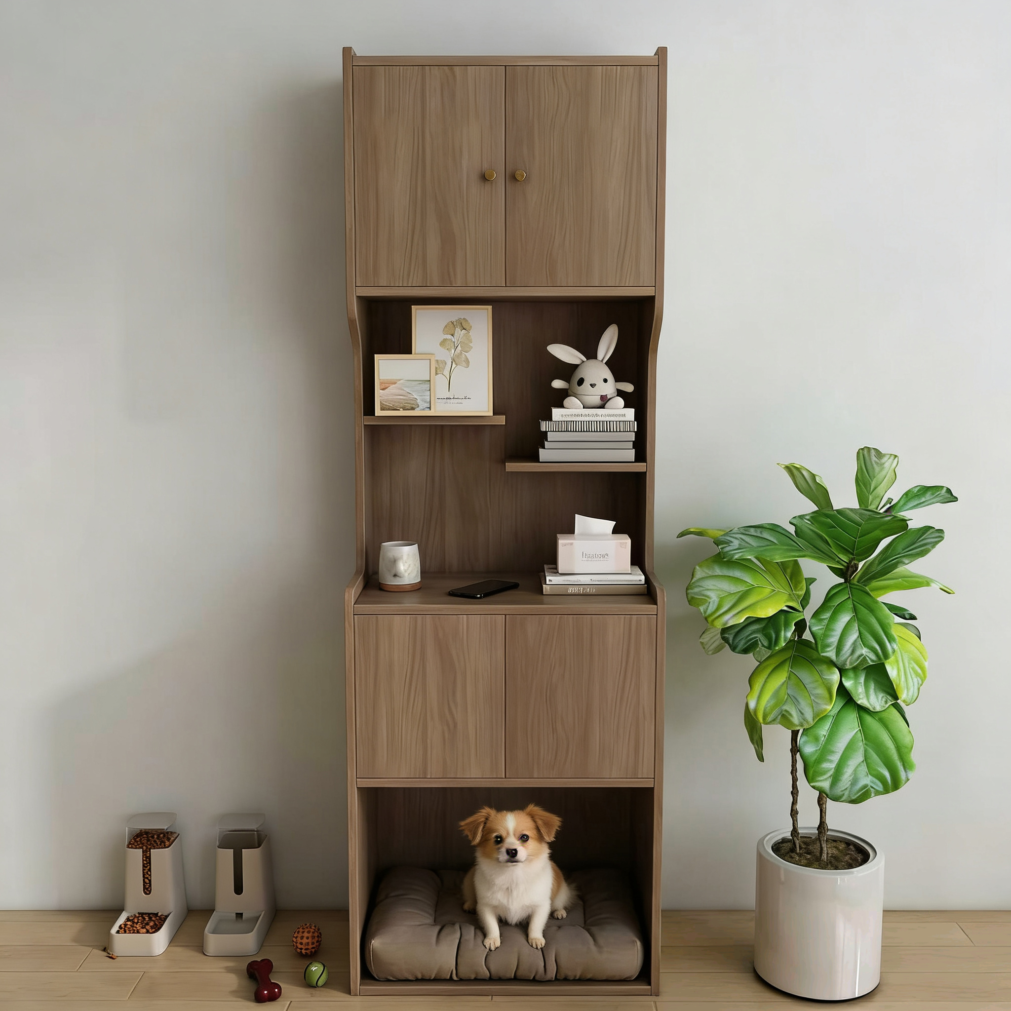 Tall Wooden Cat Shelving Unit with Built‑in Cat Bed & Storage Cabinets