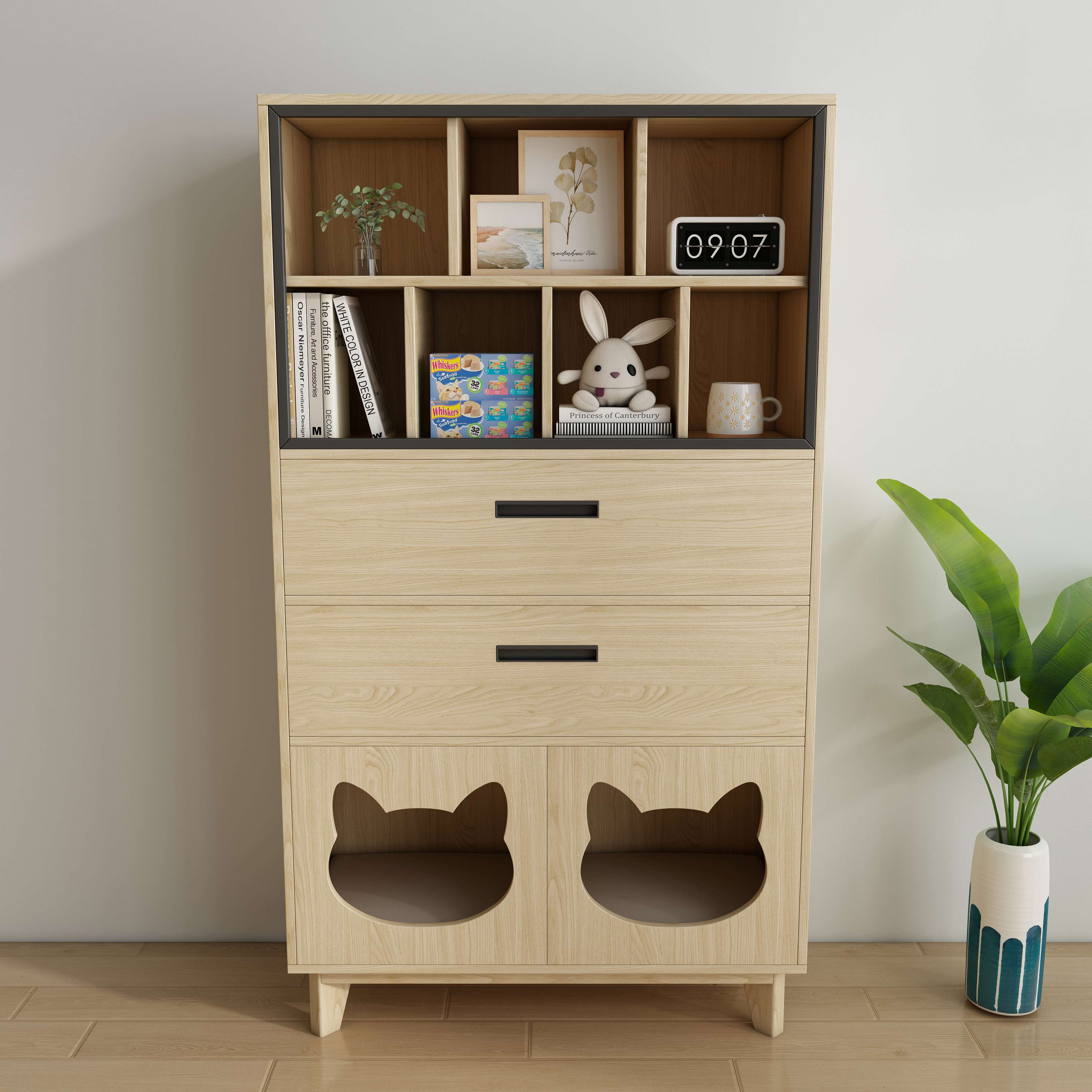 Wooden Cat Friendly Storage Cabinet with Open Shelves, Drawers & Dual Cat Nooks