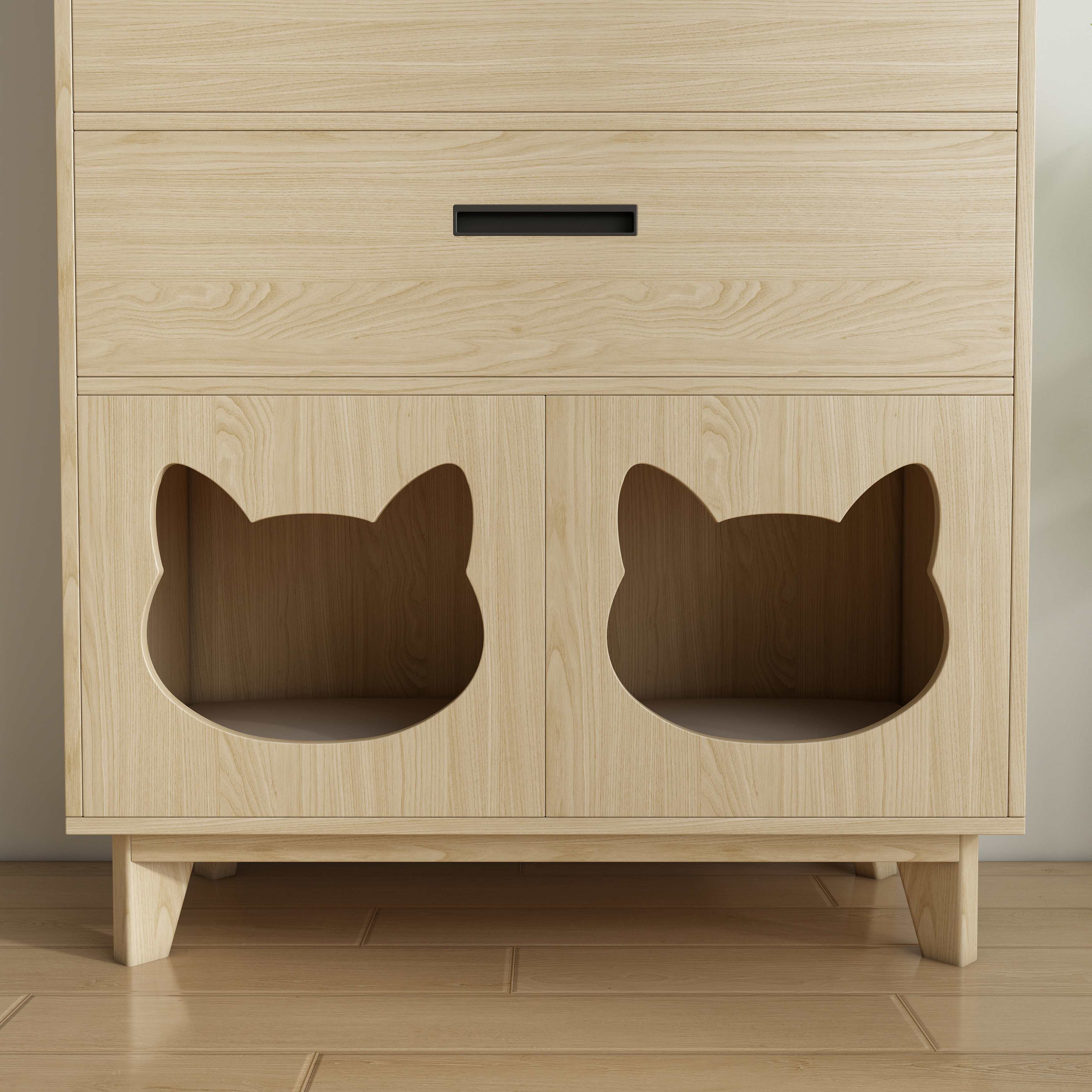 Wooden Cat Friendly Storage Cabinet with Open Shelves, Drawers & Dual Cat Nooks