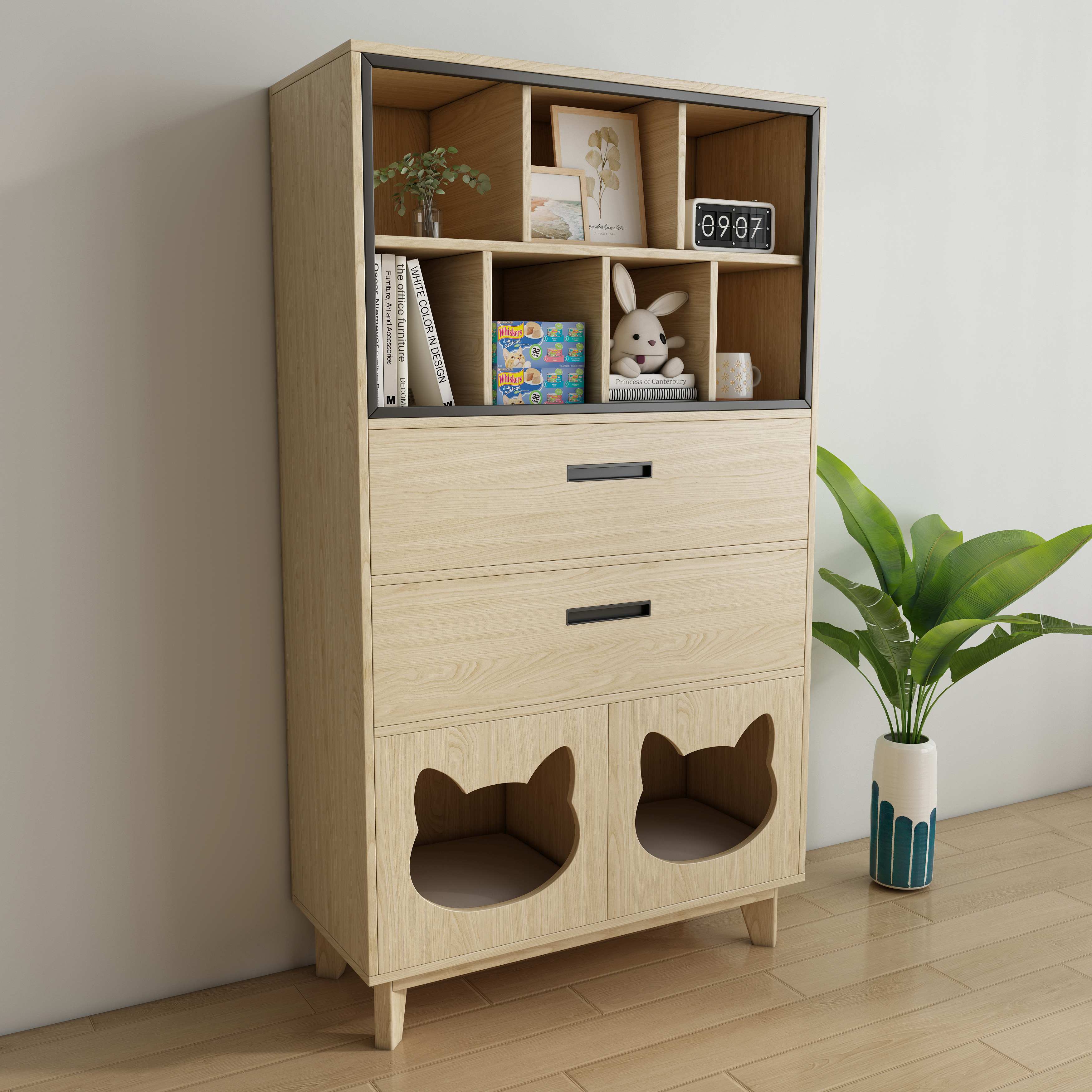 Wooden Cat Friendly Storage Cabinet with Open Shelves, Drawers & Dual Cat Nooks