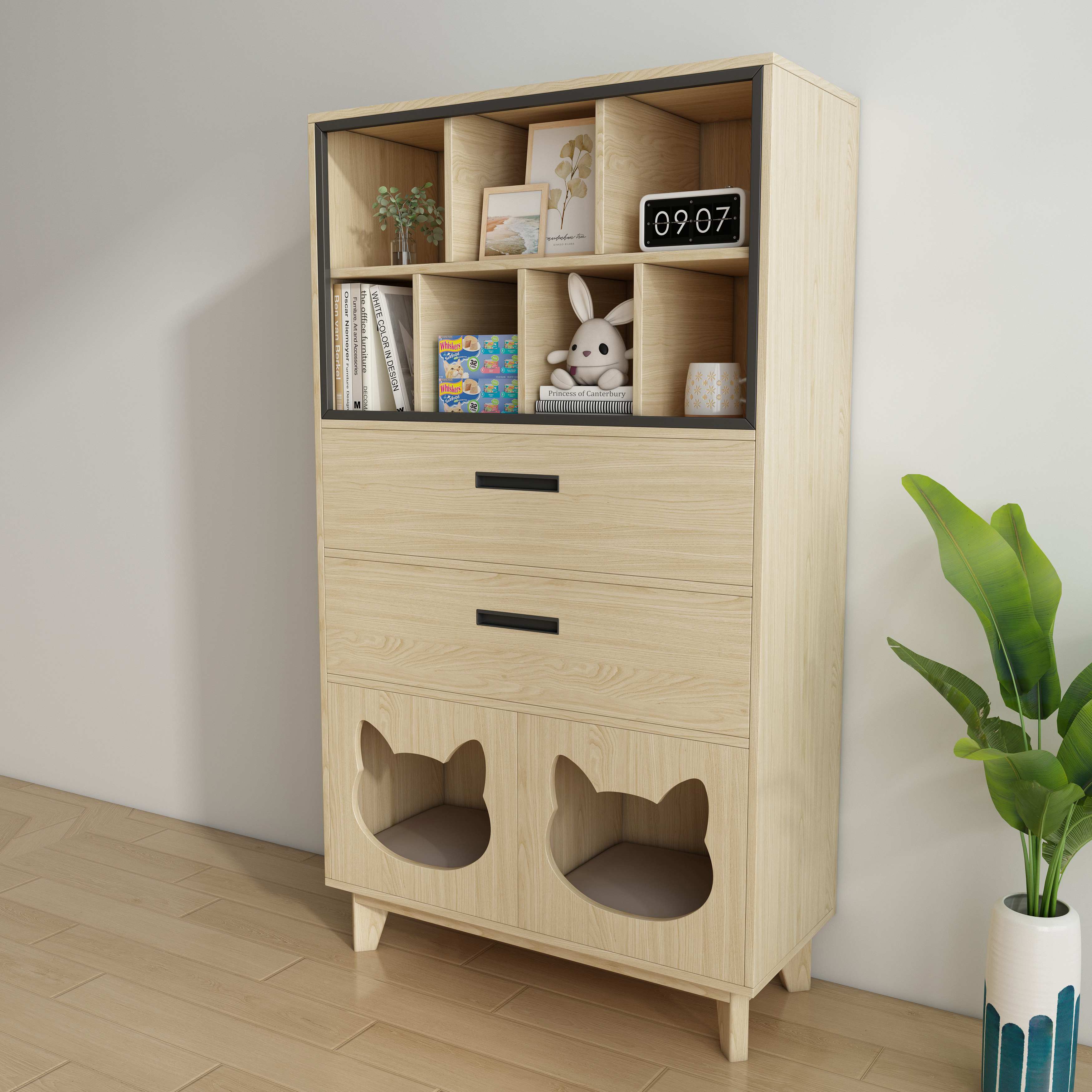 Wooden Cat Friendly Storage Cabinet with Open Shelves, Drawers & Dual Cat Nooks