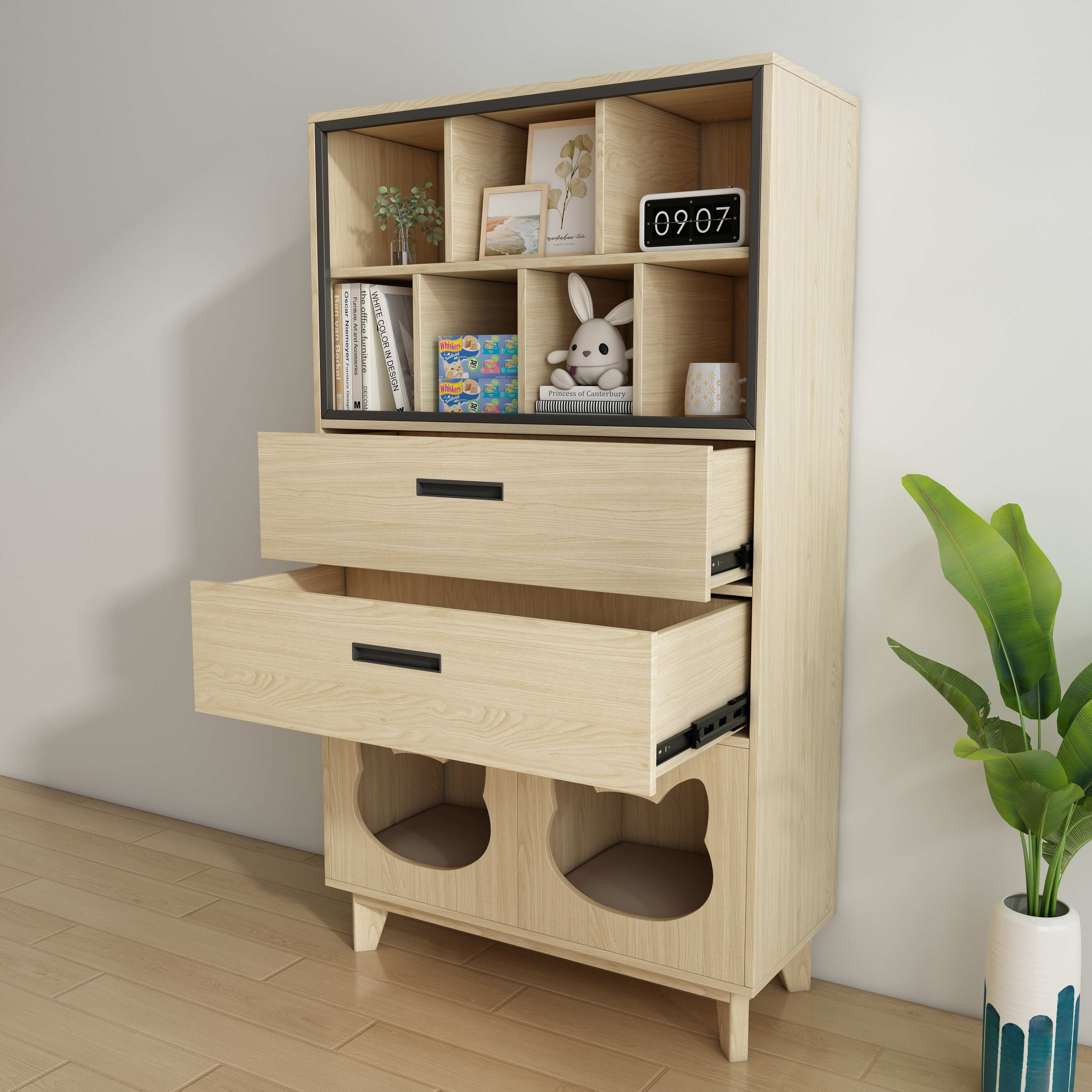 Wooden Cat Friendly Storage Cabinet with Open Shelves, Drawers & Dual Cat Nooks