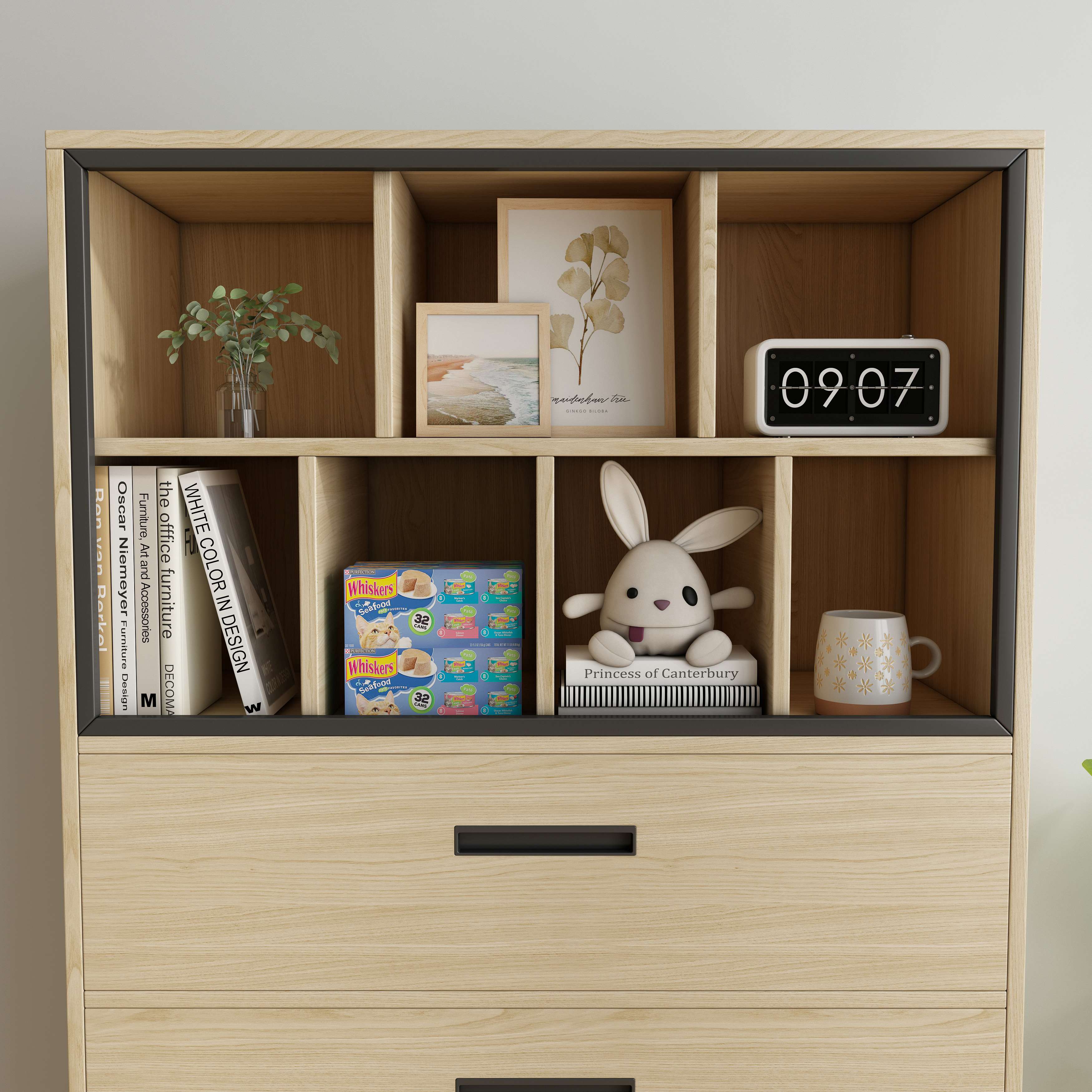 Wooden Cat Friendly Storage Cabinet with Open Shelves, Drawers & Dual Cat Nooks