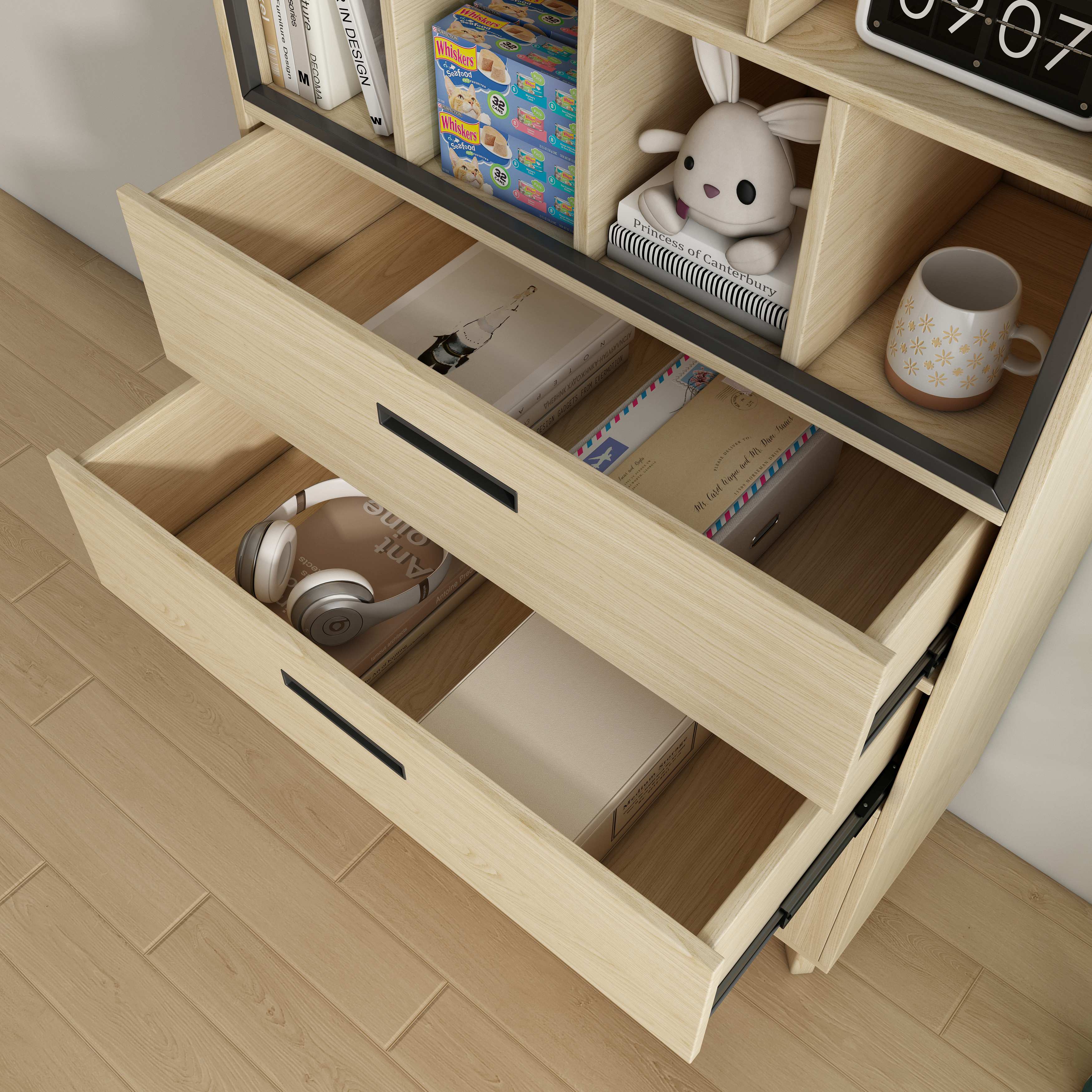 Wooden Cat Friendly Storage Cabinet with Open Shelves, Drawers & Dual Cat Nooks