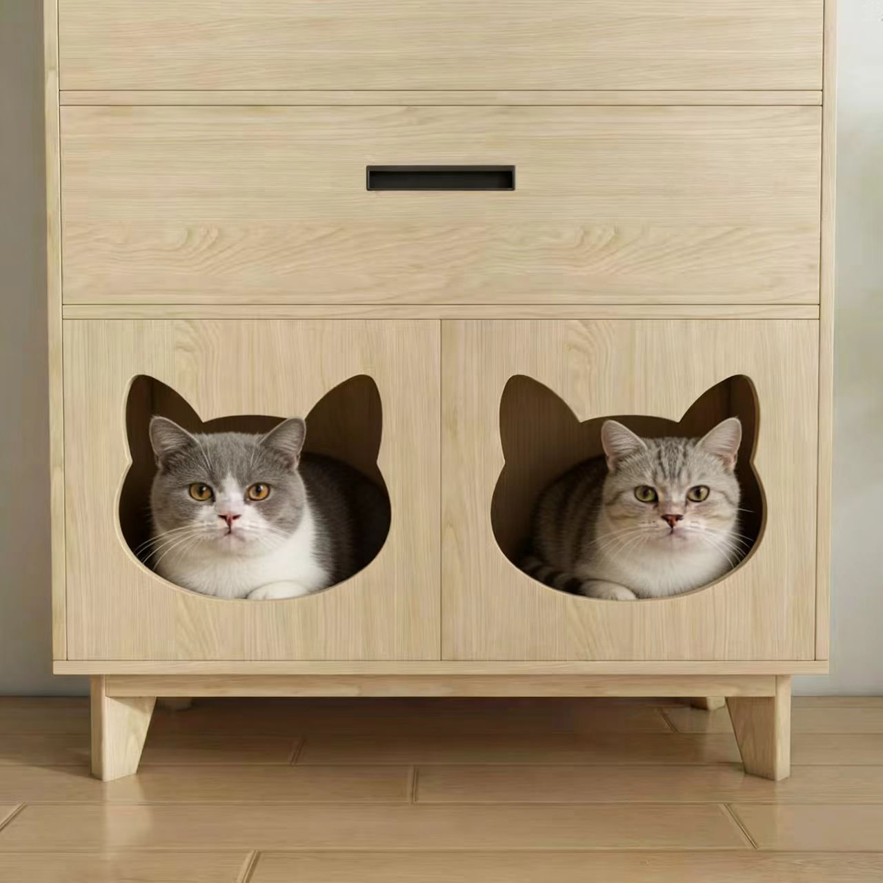 Wooden Cat Friendly Storage Cabinet with Open Shelves, Drawers & Dual Cat Nooks