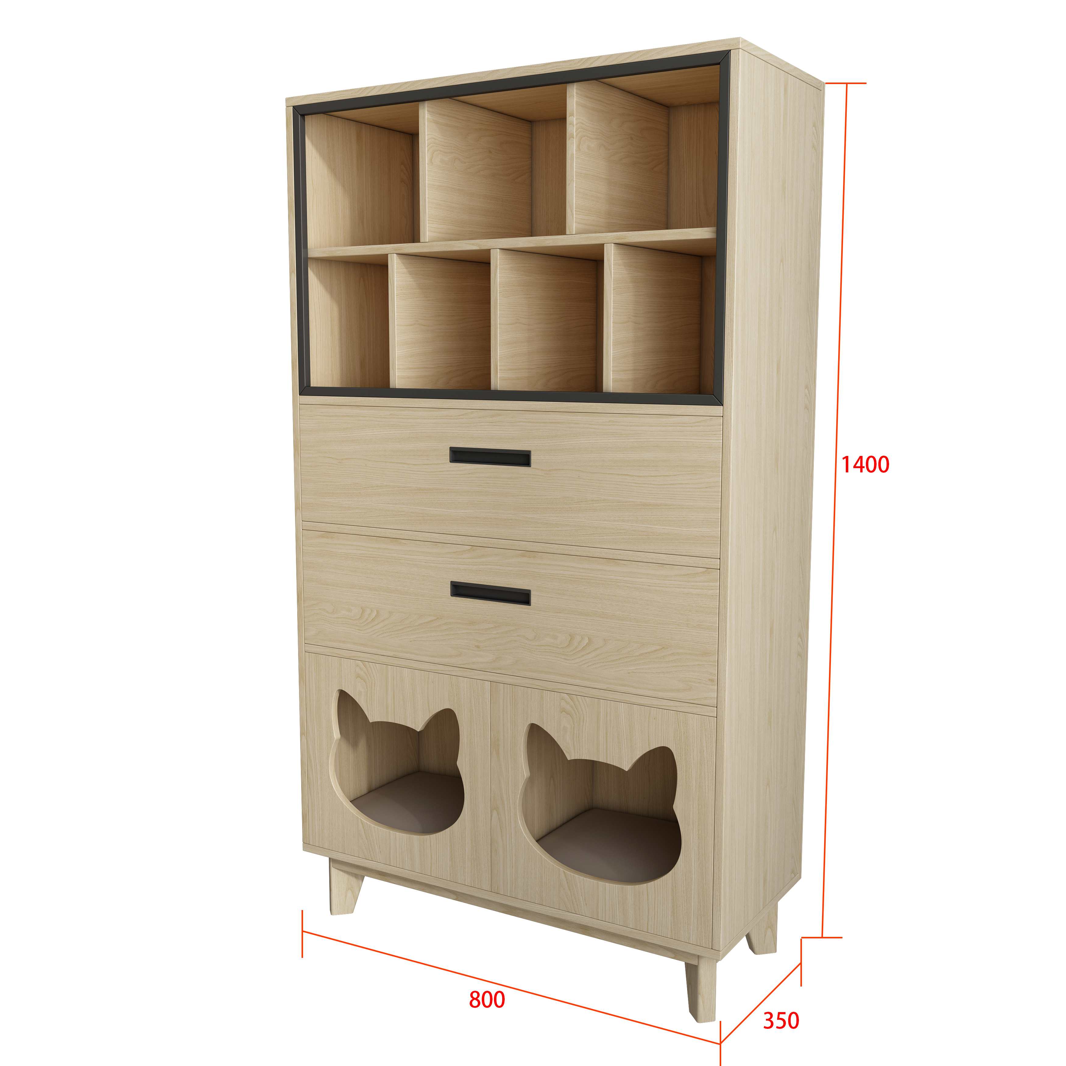 Wooden Cat Friendly Storage Cabinet with Open Shelves, Drawers & Dual Cat Nooks
