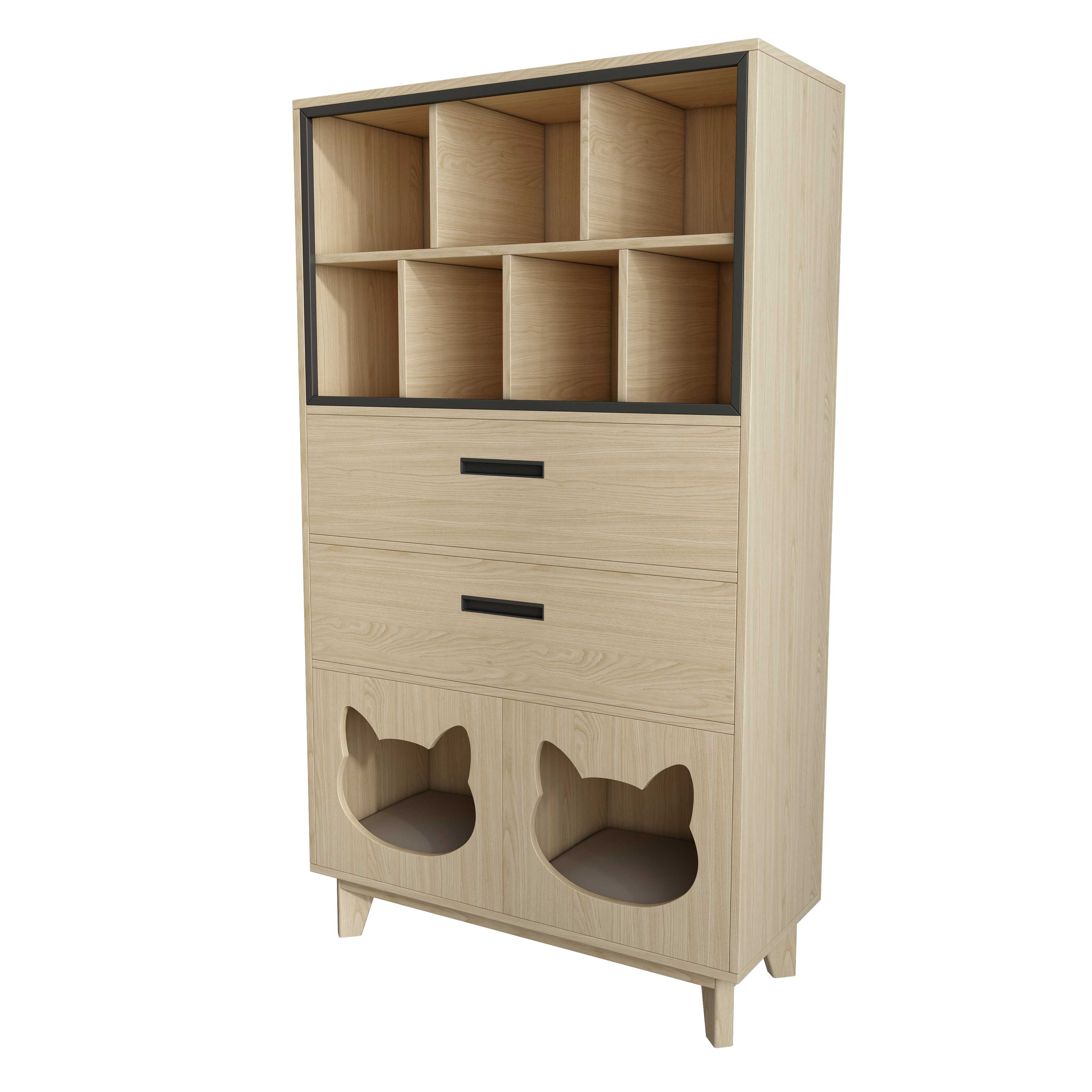 Wooden Cat Friendly Storage Cabinet with Open Shelves, Drawers & Dual Cat Nooks