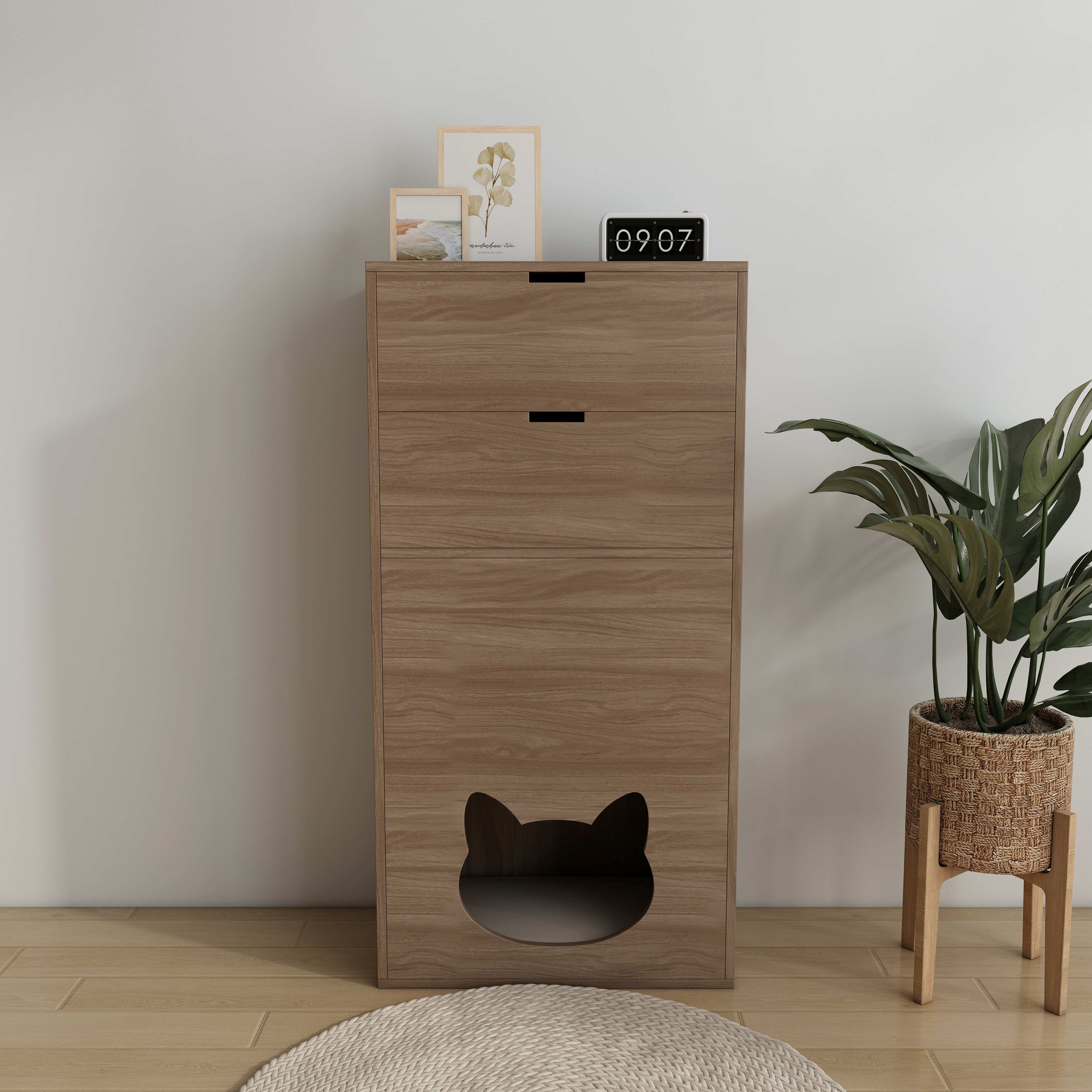 Tall Wooden Cat‑Friendly Storage Cabinet with Large Drawers & Built‑In Cat Nook