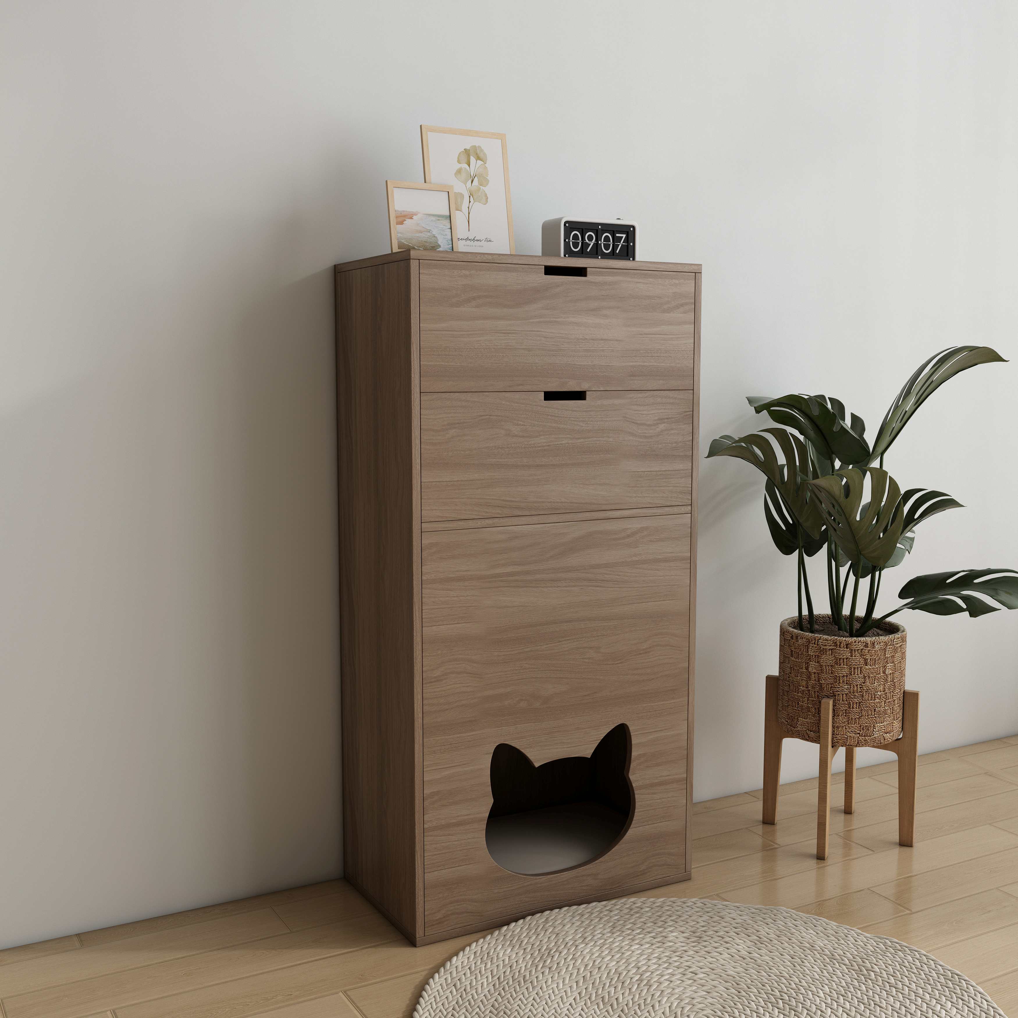 Tall Wooden Cat‑Friendly Storage Cabinet with Large Drawers & Built‑In Cat Nook