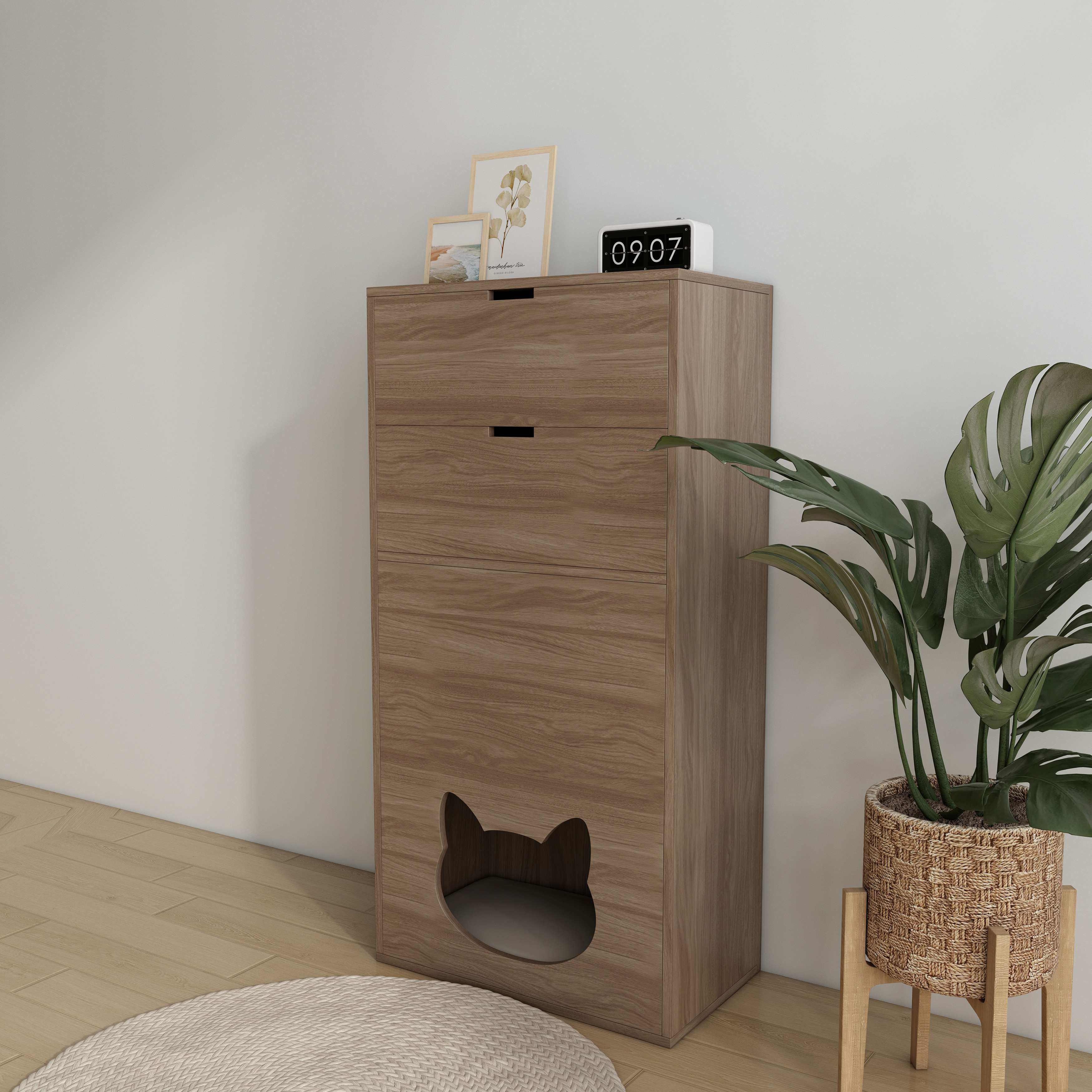Tall Wooden Cat‑Friendly Storage Cabinet with Large Drawers & Built‑In Cat Nook
