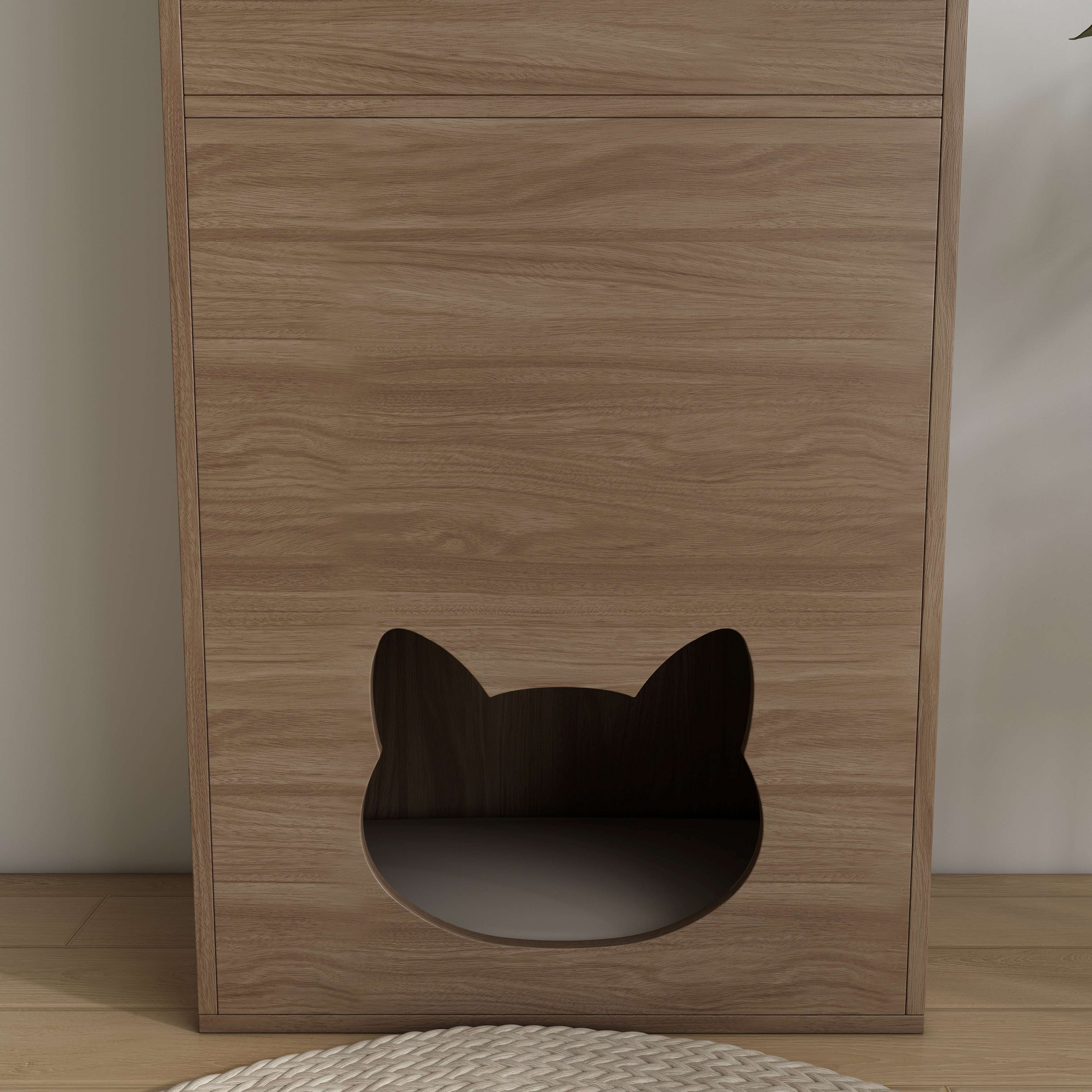 Tall Wooden Cat‑Friendly Storage Cabinet with Large Drawers & Built‑In Cat Nook