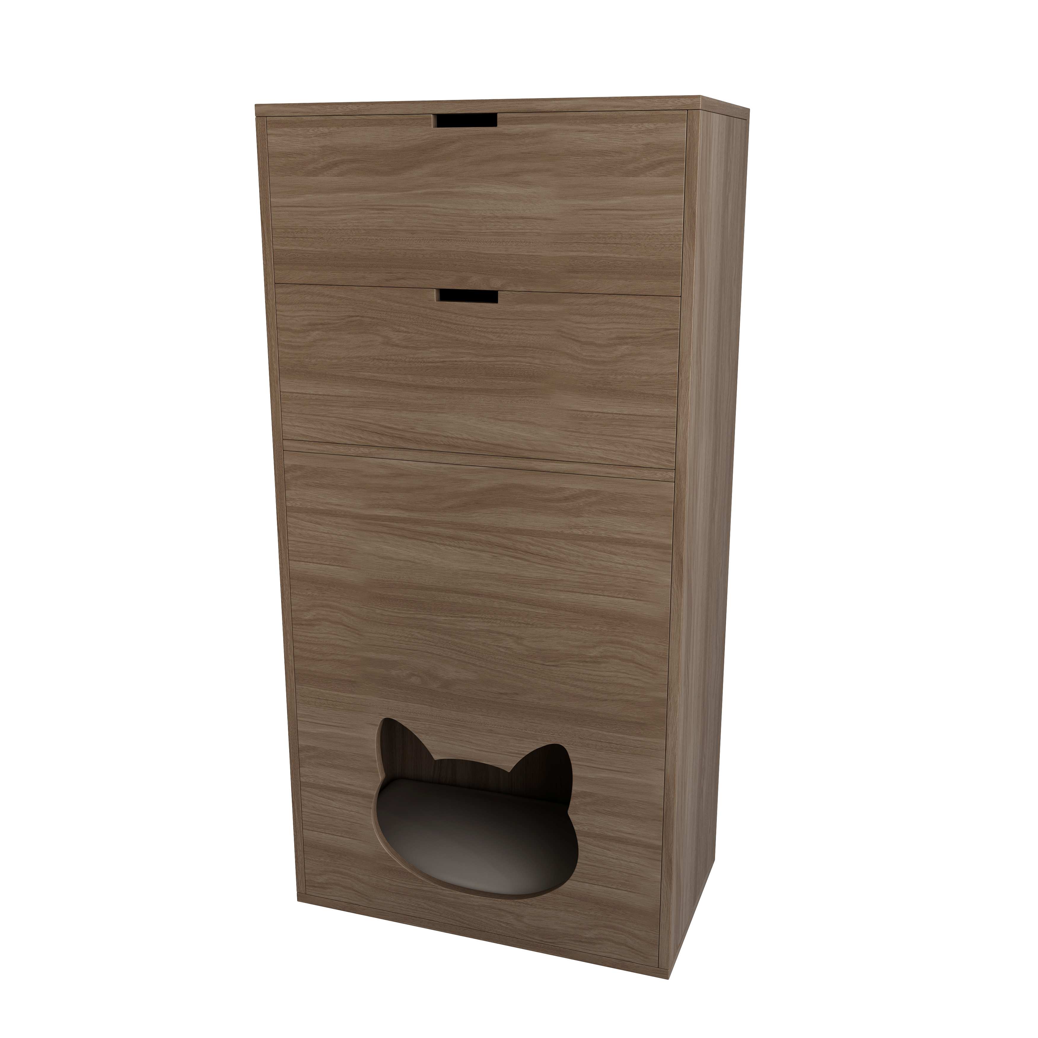 Tall Wooden Cat‑Friendly Storage Cabinet with Large Drawers & Built‑In Cat Nook